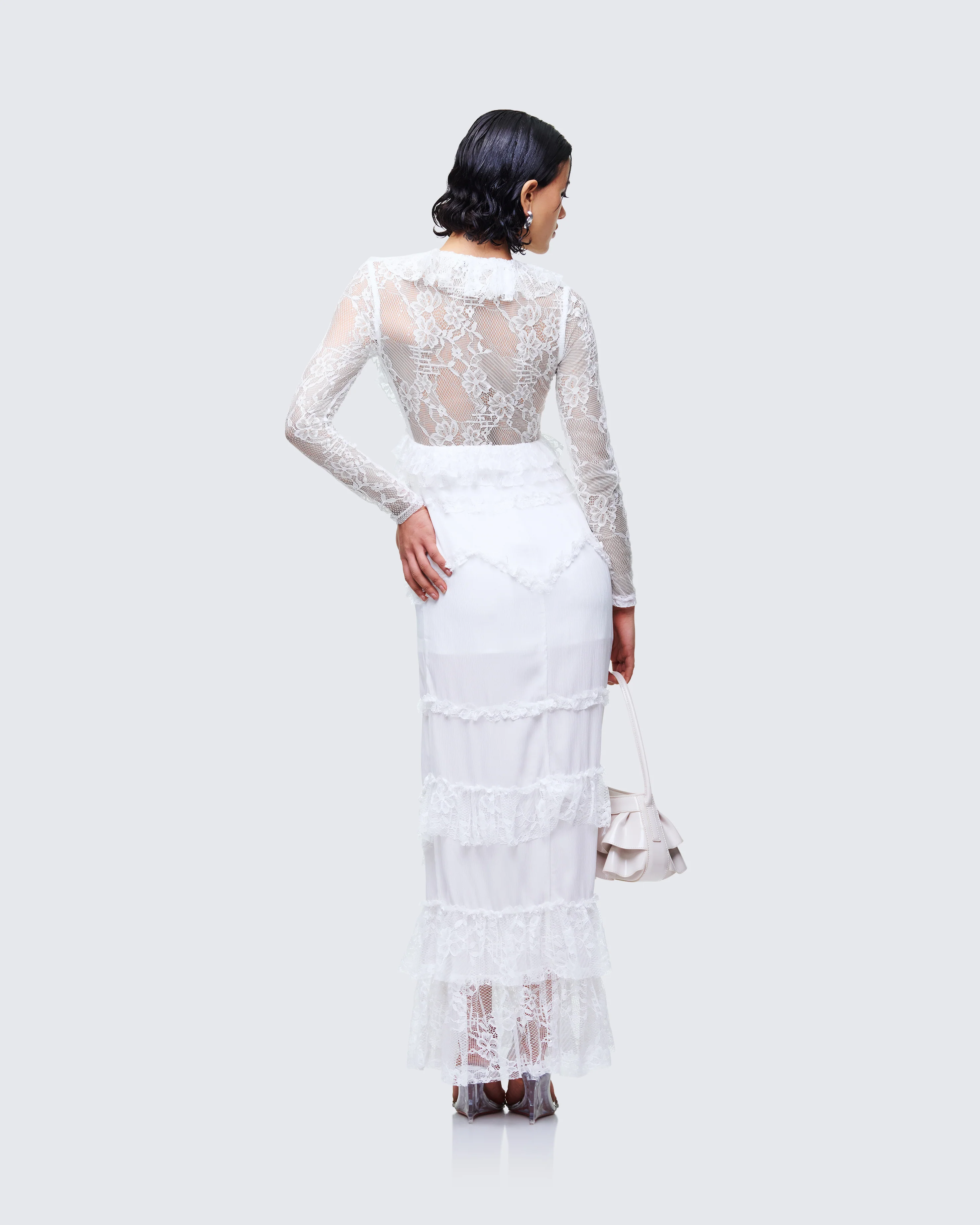 Lulea White Lace Ruffle Trim Mini Dress