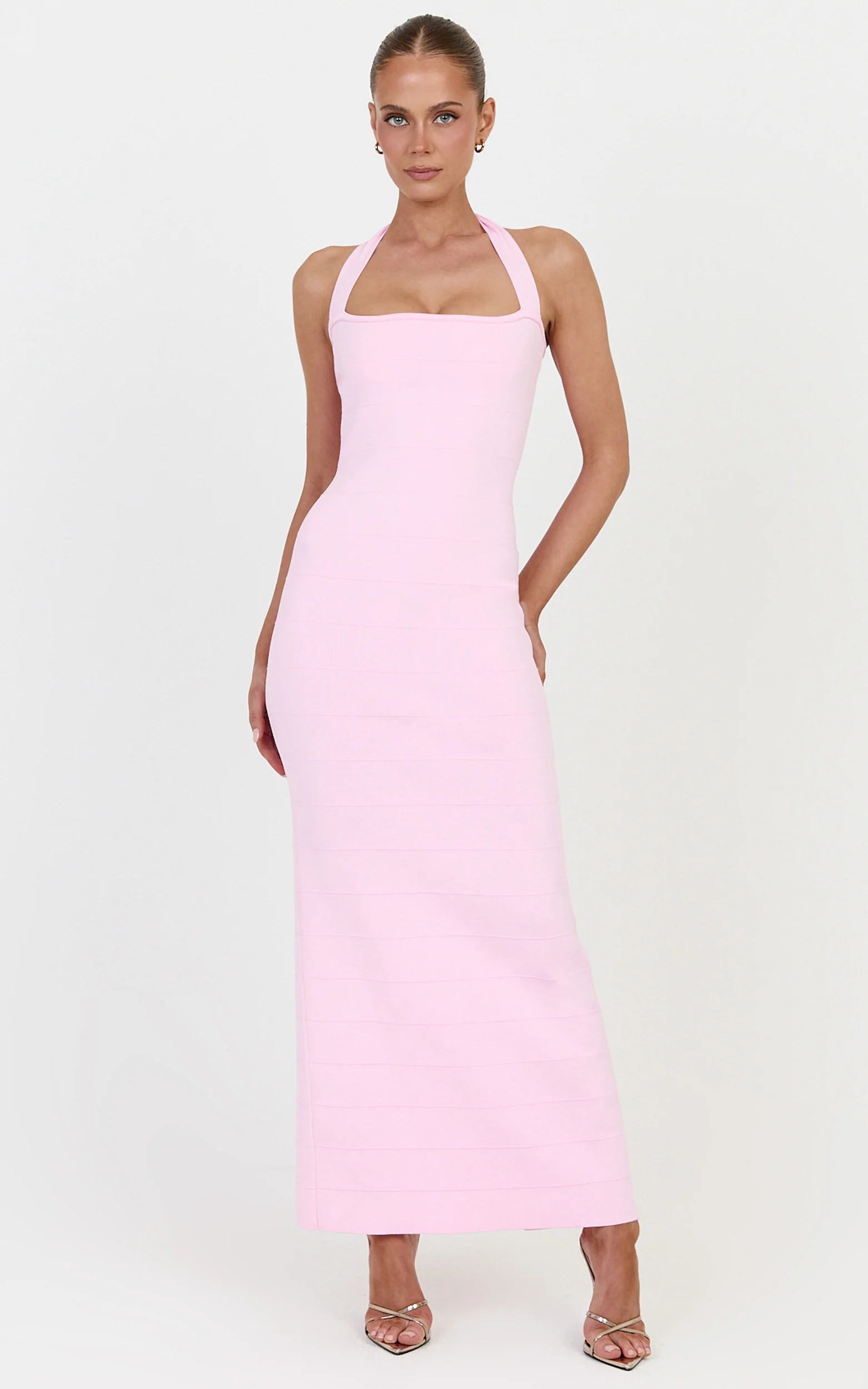 Scarlett Midi Dress - Halter Neck Bandage Knit Dress in Pink