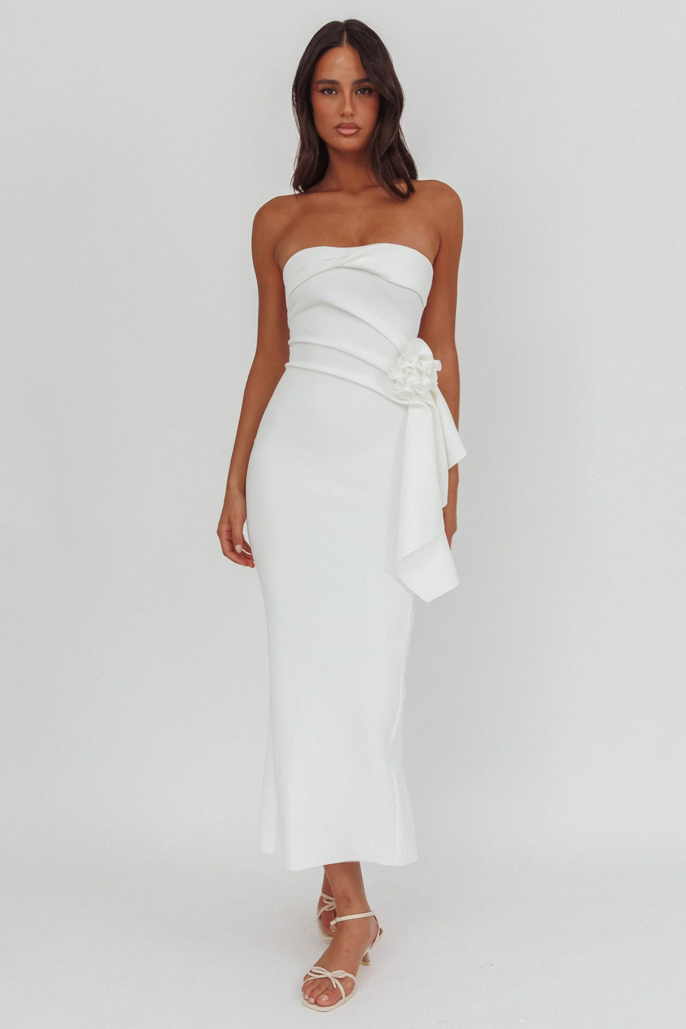 Sasha Cascade Ruffle Rosette Midi Dress White