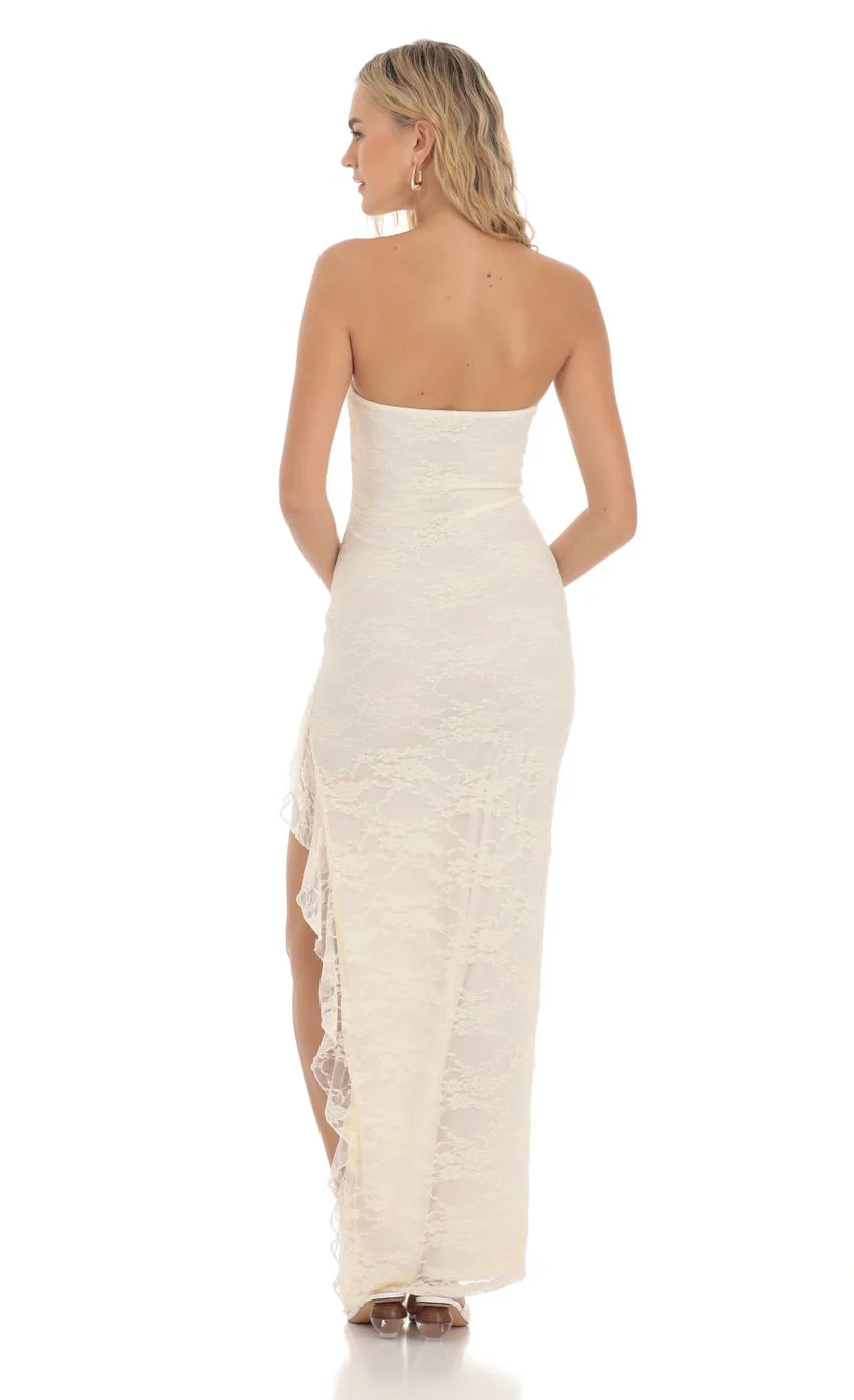 Strapless Lace Ruffle Slit Dress in Cream