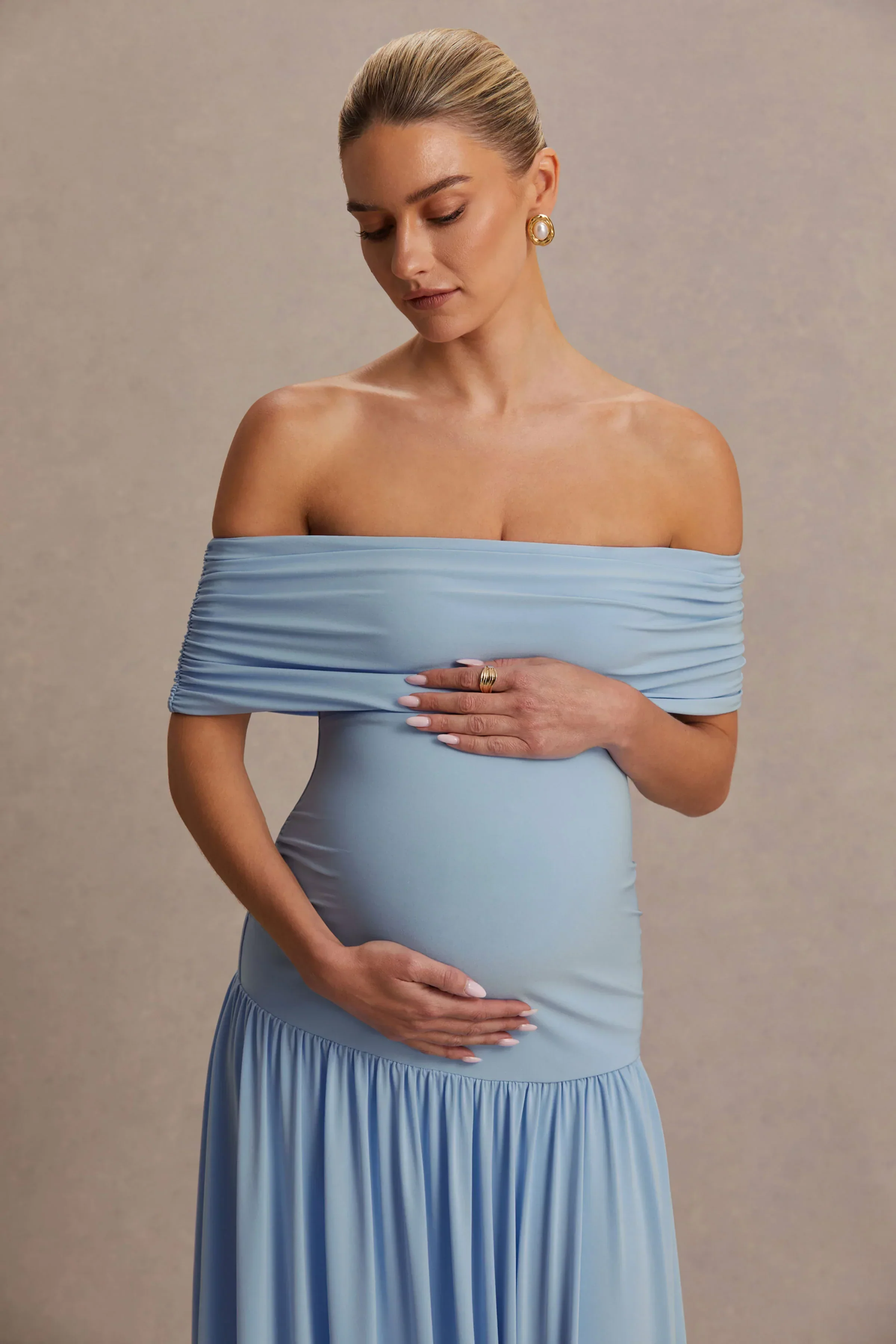 Juliette | Powder Blue Bardot-Neck Maternity Maxi Dress With Drop-Waist
