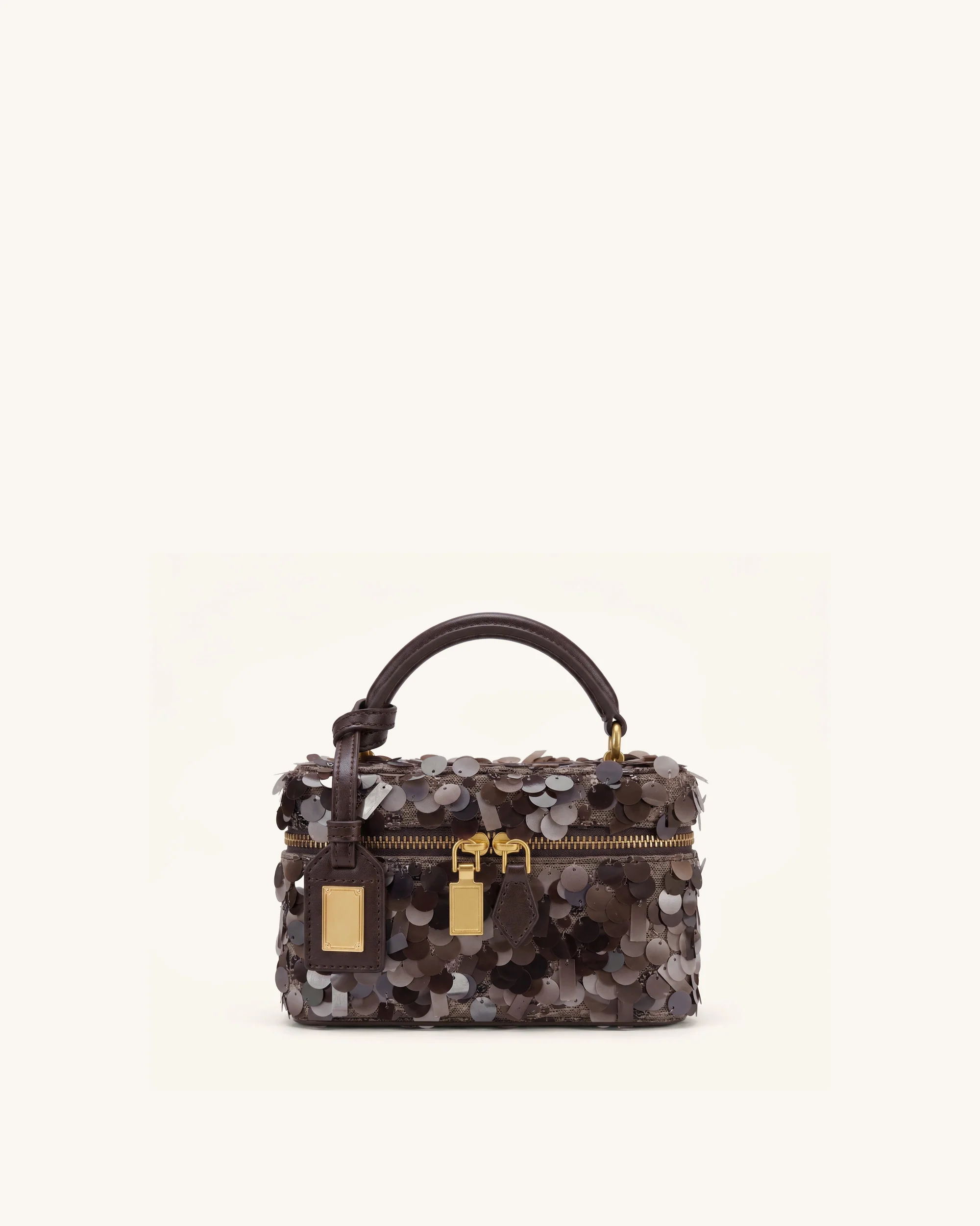 Cleo Metallic Sequin Box Shape Top Handle Bag - Brown