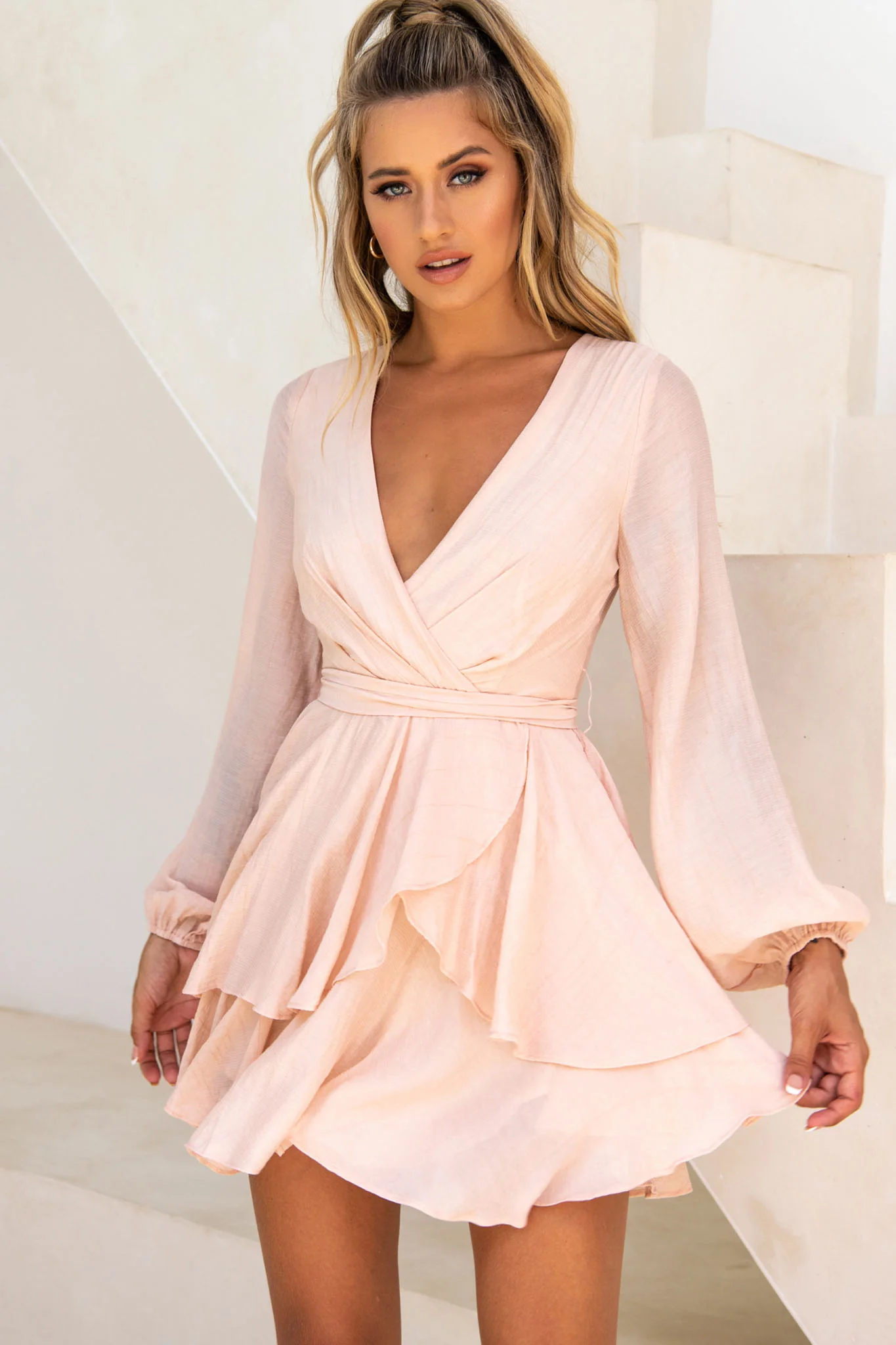 Believe Me Long Sleeve Surplice Neckline Dress Beige