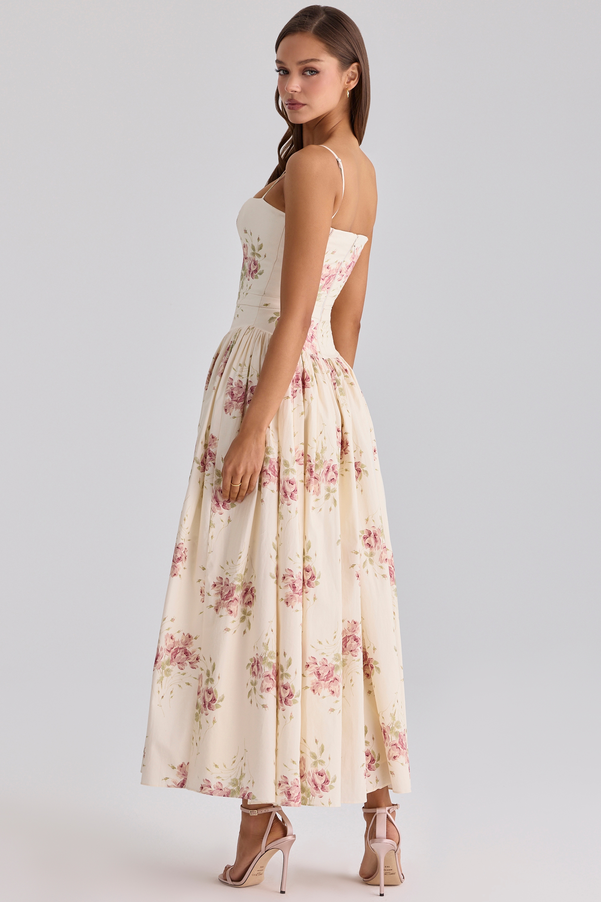 Ivory Vintage Rose Print Cotton Midi Sundress