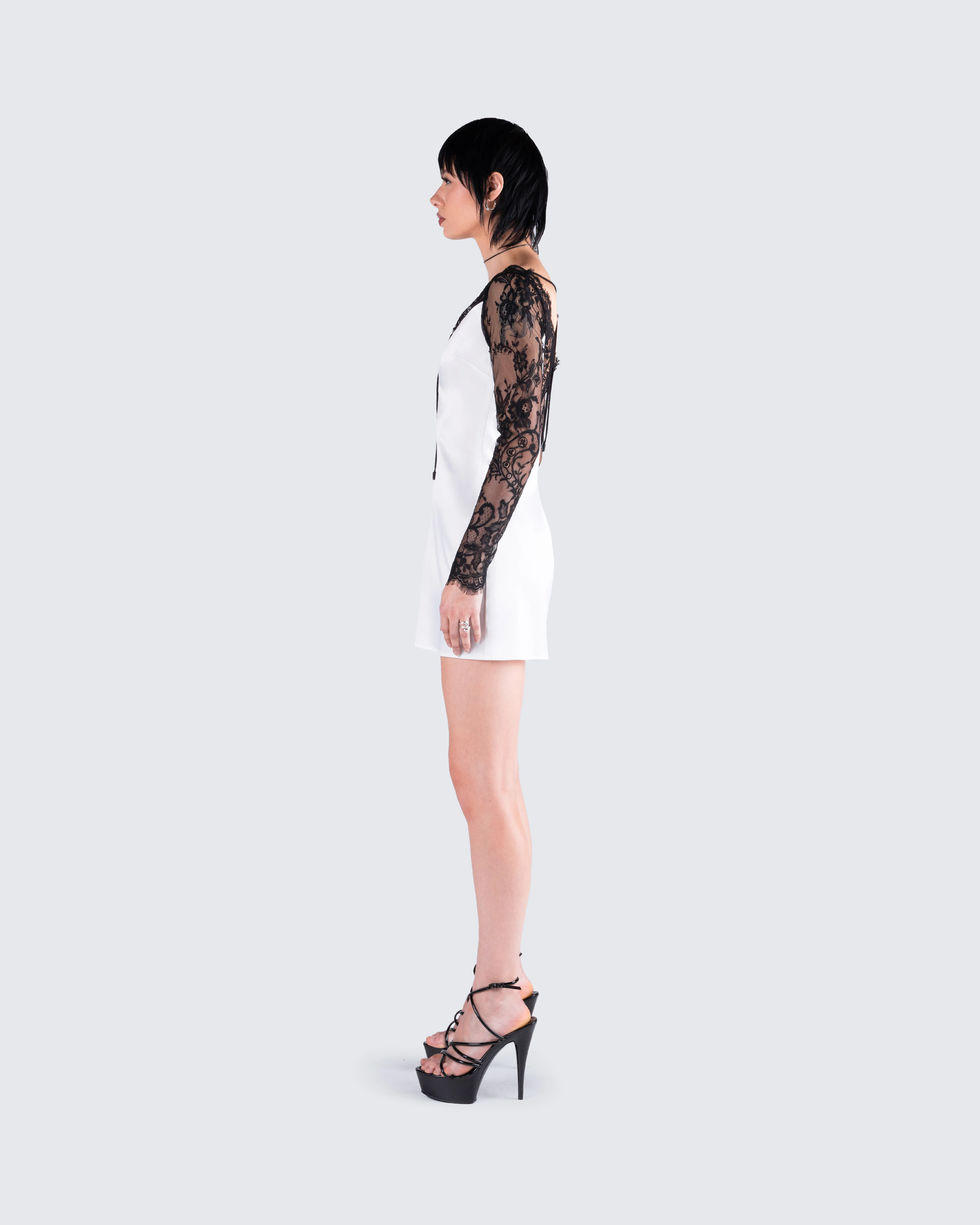 Minnie White Satin Lace Trim Dress