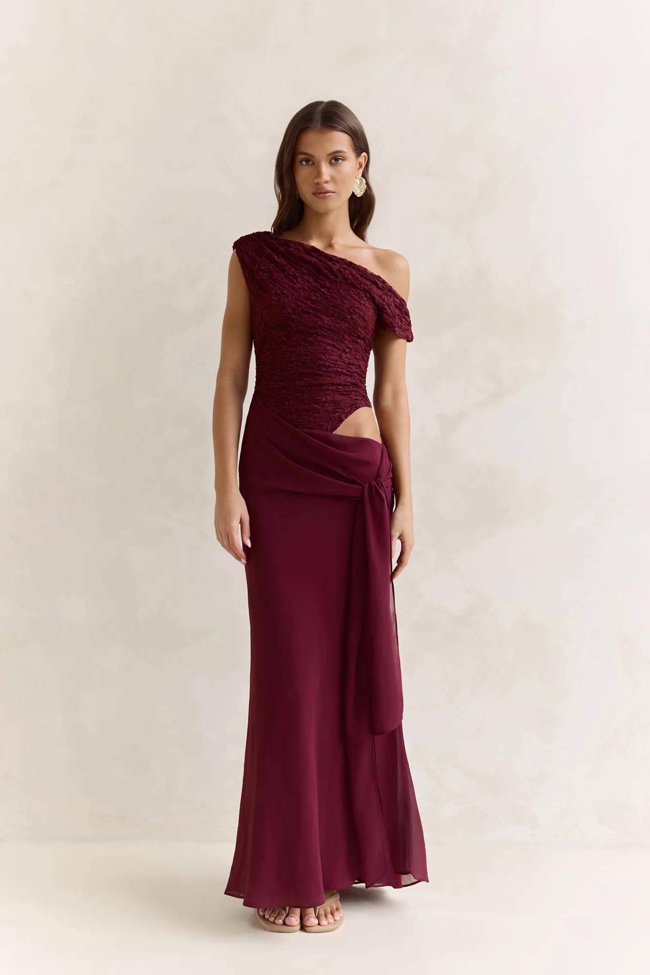 Modernity Mesh Off Shoulder Maxi Dress Burgundy