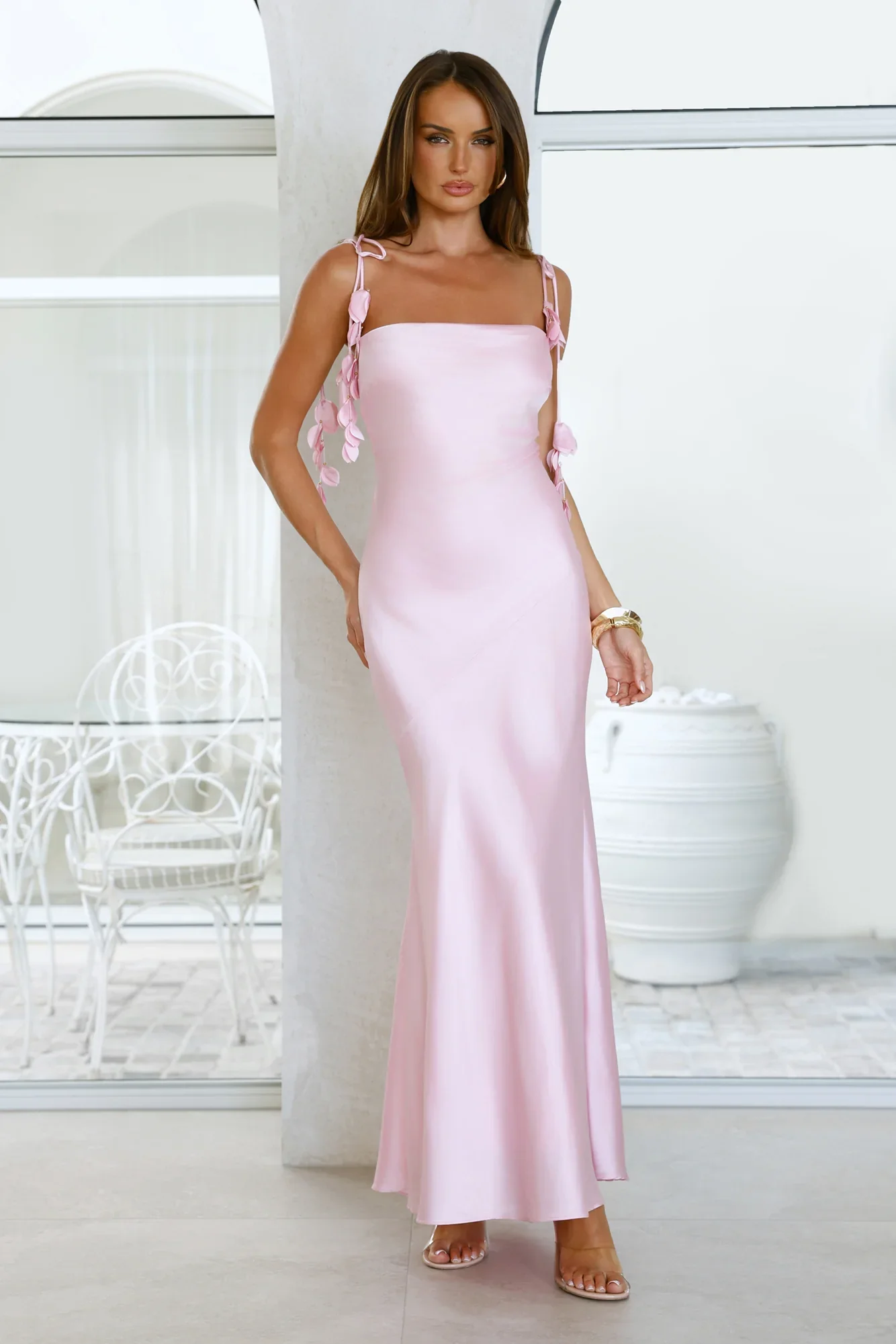 Drifted In Sunlight Satin Maxi Dress Pink