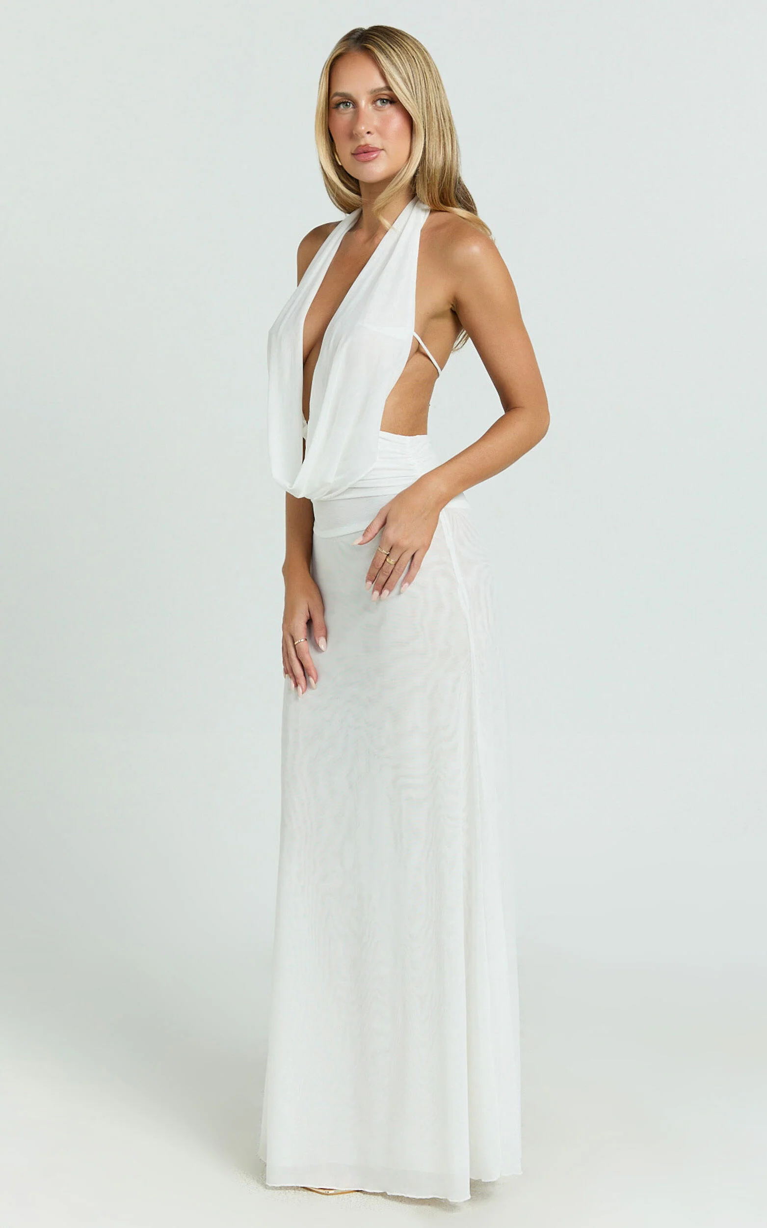Bettina Maxi Dress - Low Cowl Neck Halter Bodycon Dress in Off White