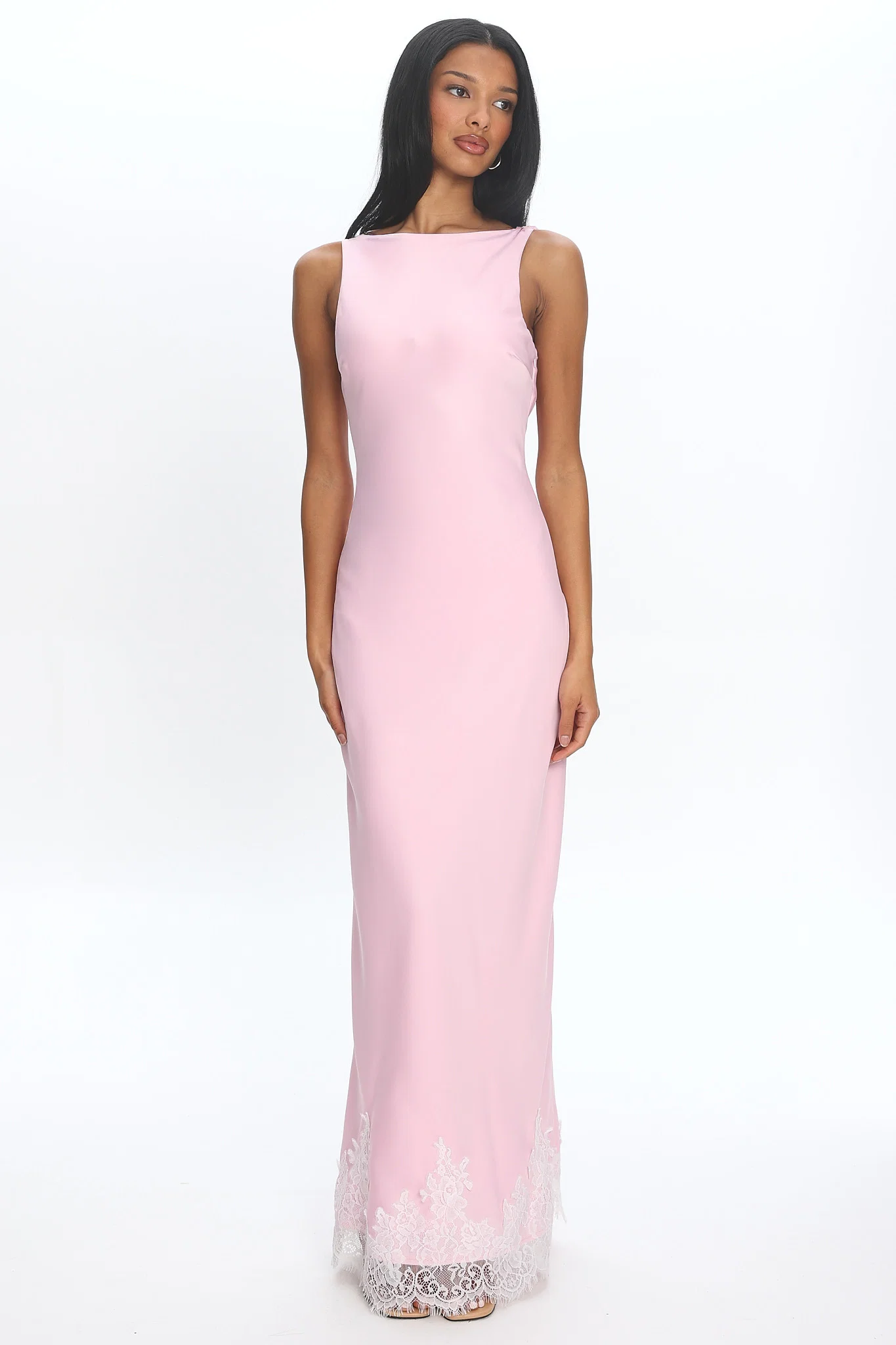 Bedouin Cowl-Back Lace-Hem Gown Light Pink