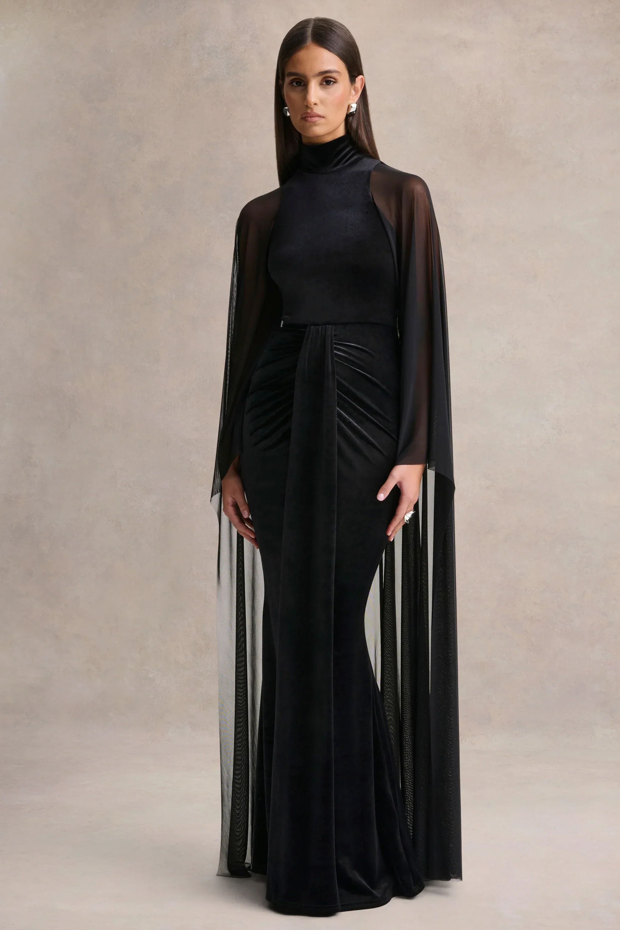 Adoring | Black Velvet High-Neck Maxi Dress With Cape