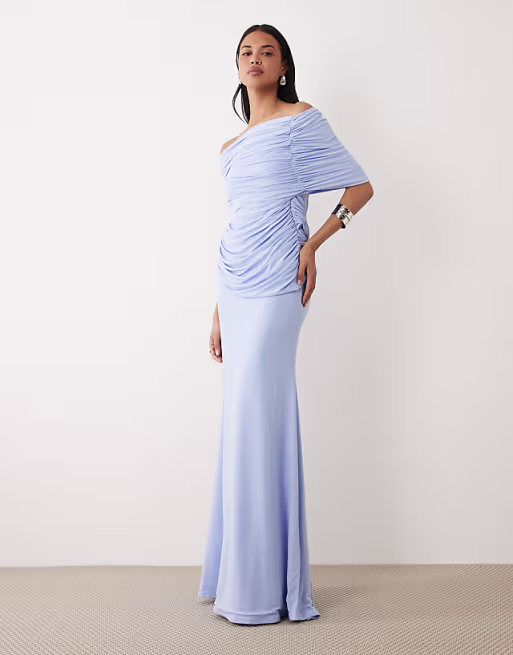 off shoulder wrap bodice detail maxi dress with train in blue