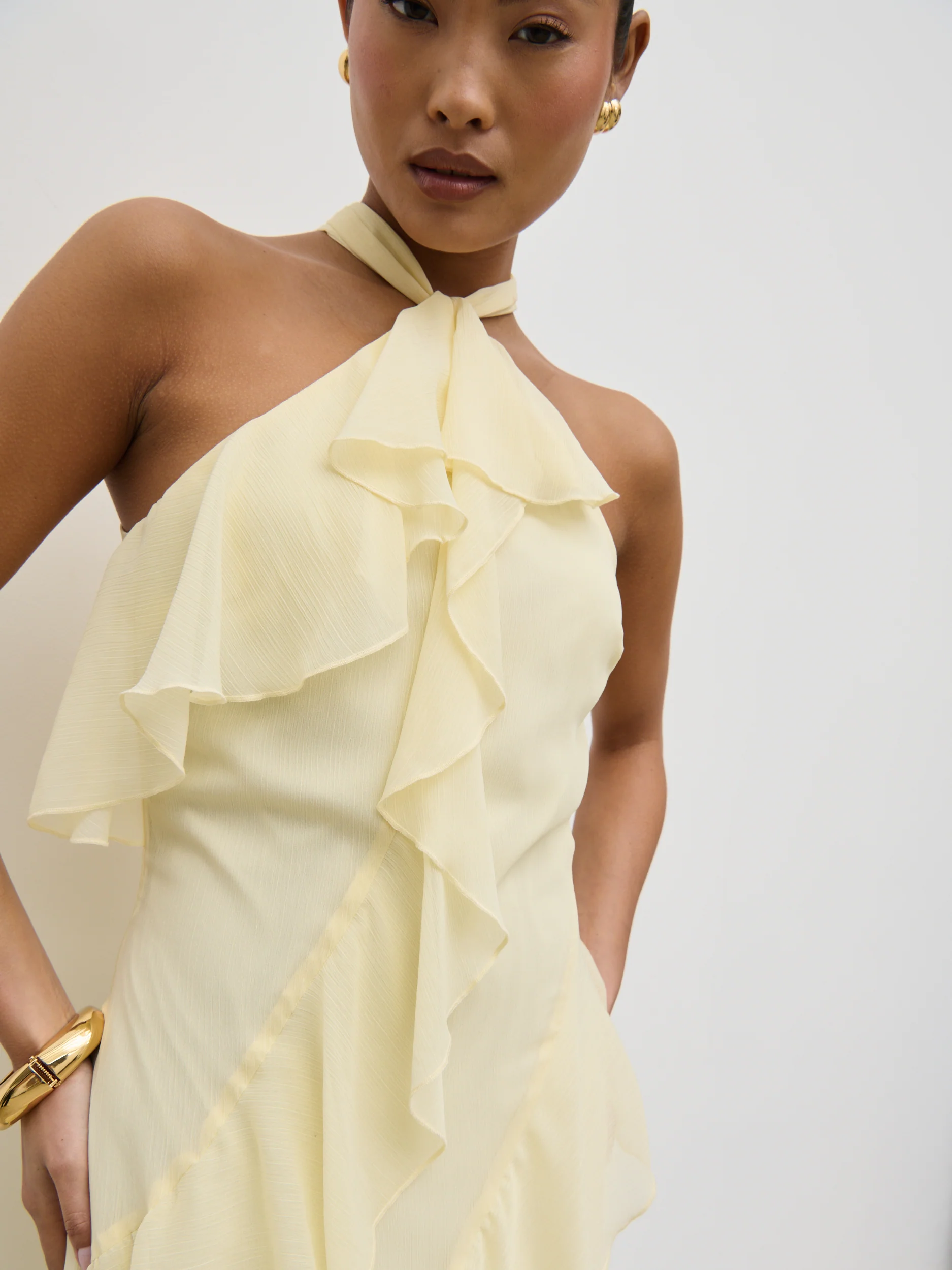Aria Halterneck Ruffle Midaxi Dress - Lemon