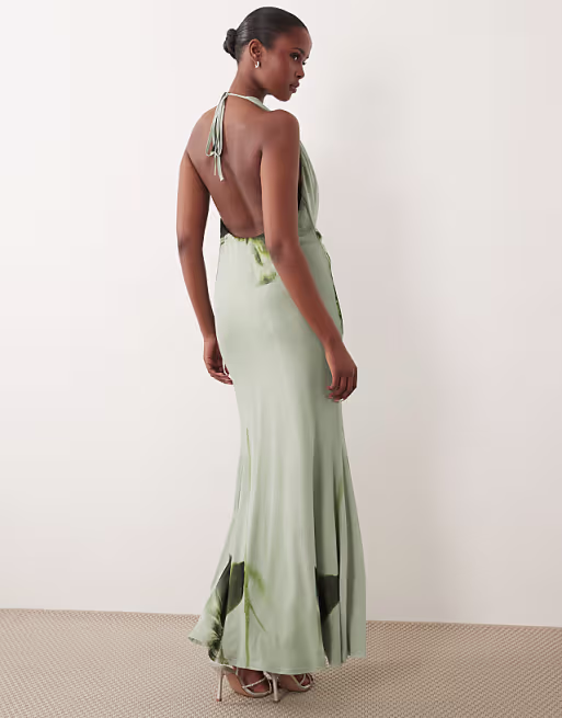 cowl neck floral placement print mesh maxi dress in teal