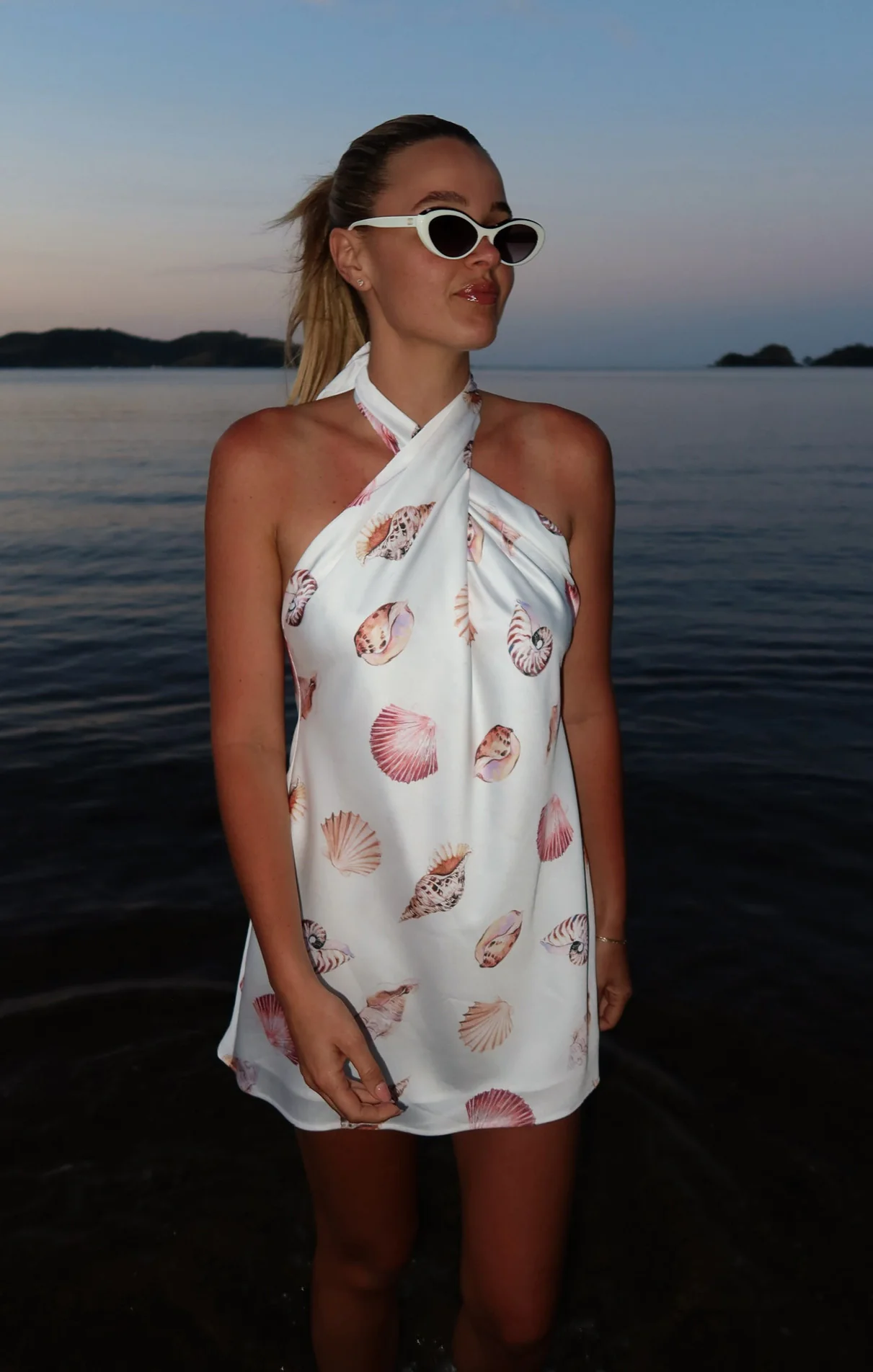 Jasmine Tie Mini Dress ~ White Shell Luxe Satin