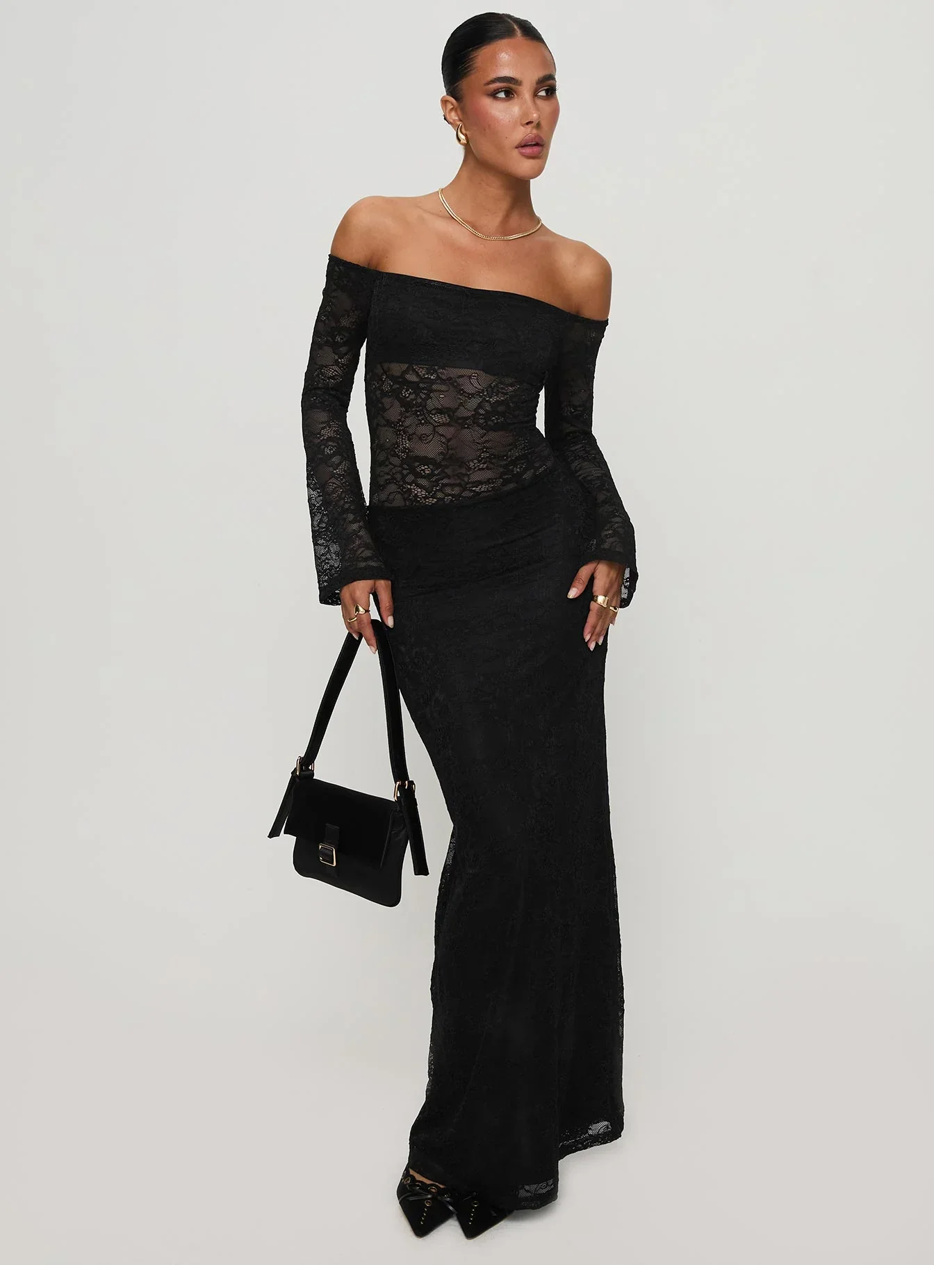 Pinot Grigio Long Sleeve Lace Maxi Dress Black - luluinthesky