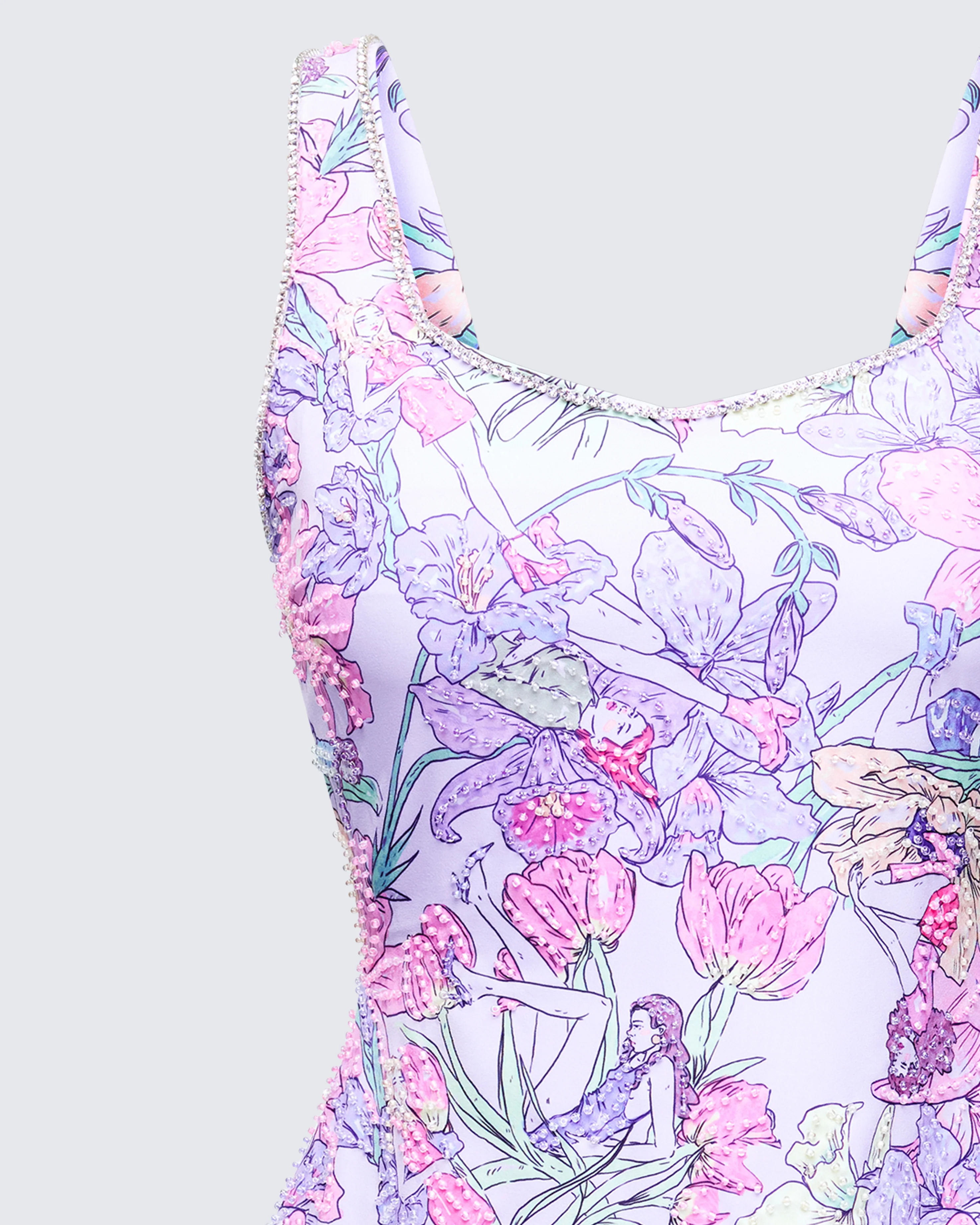 Seraphina Lilac Printed Hand Embellished Mini Dress