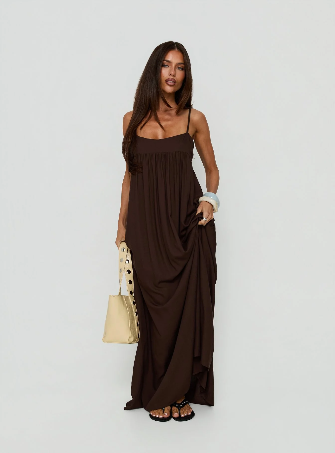 Wildah Linen Smock Maxi Dress Brown - FASHION NOB