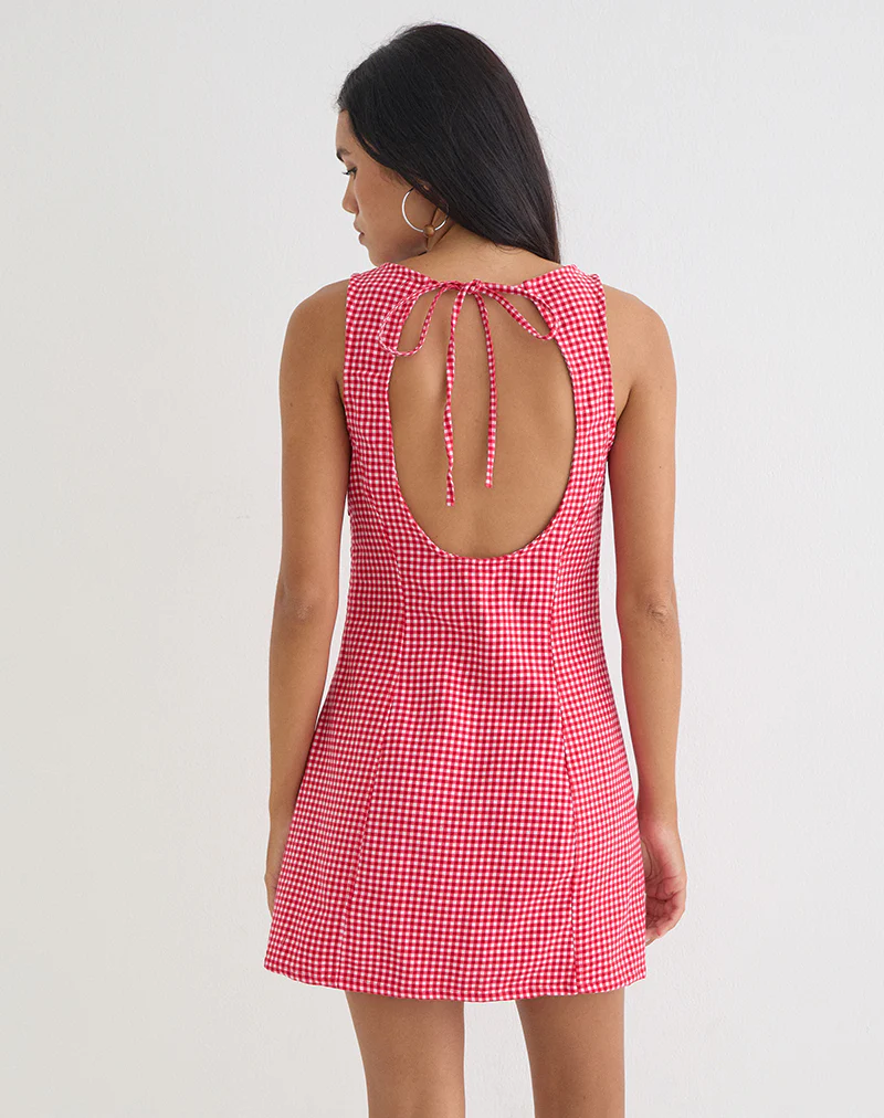 Ayana Backless Mini Dress in Linen Red Gingham