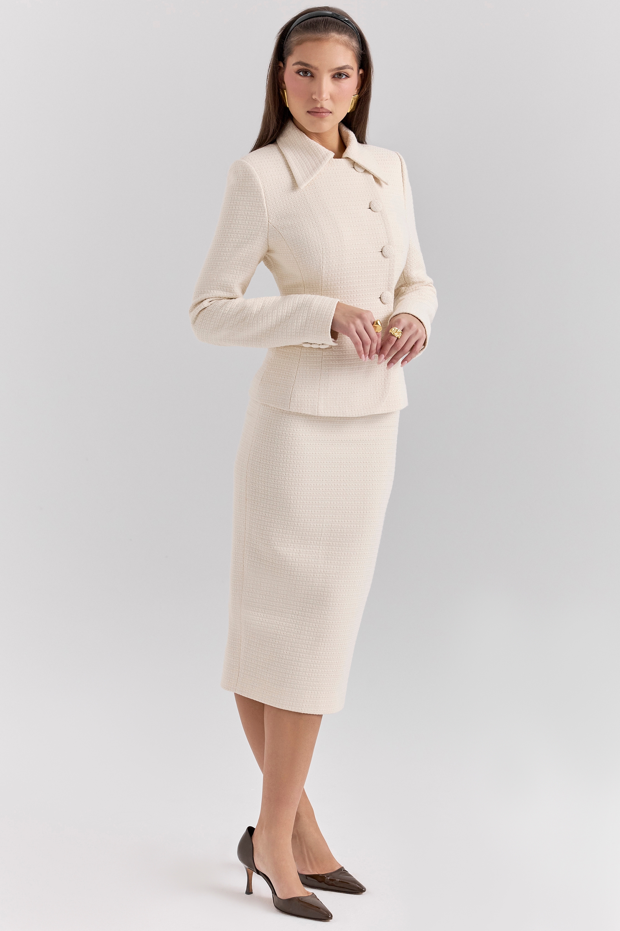 cream boucle pencil midi skirt