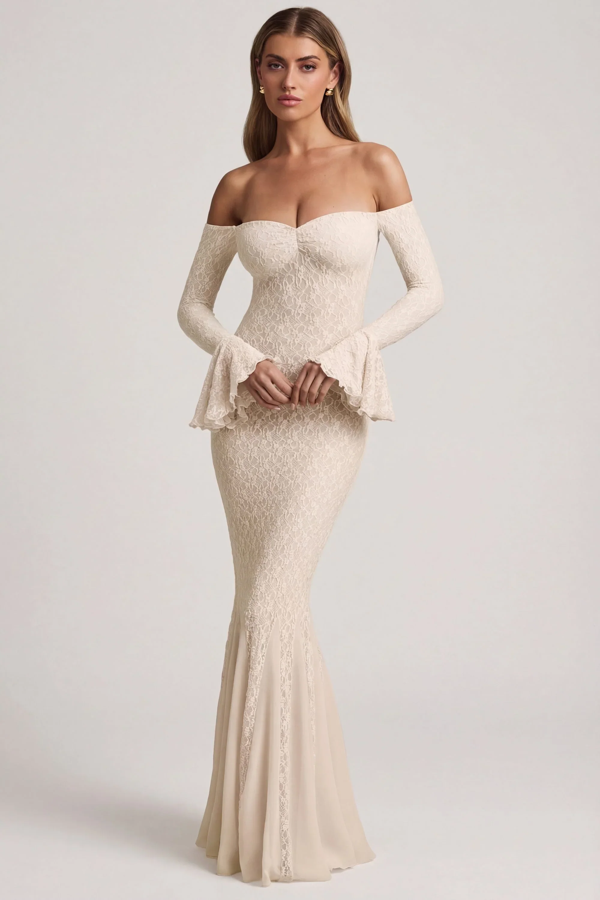 Off-Shoulder Ruffle Lace Maxi Dress in Ivory