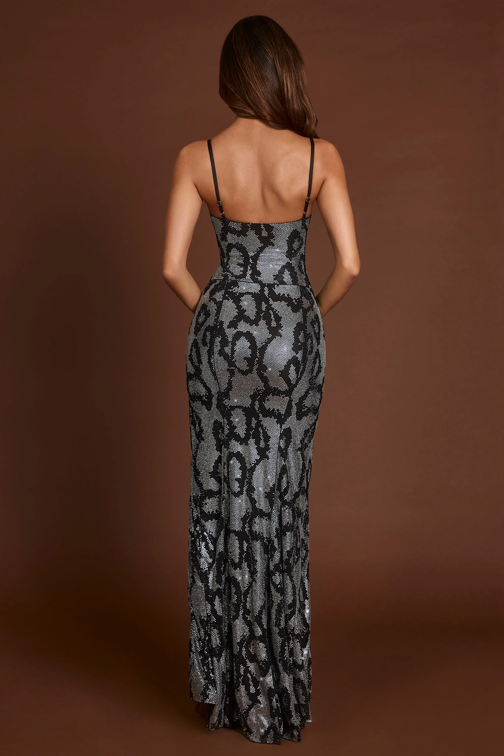 Embellished Peekaboo Cowl-Neck Dress in Silver Snake