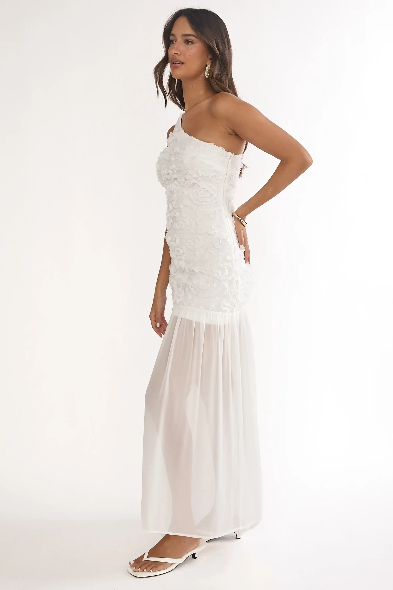 Angel Eye One Shoulder Maxi Dress Embellished White