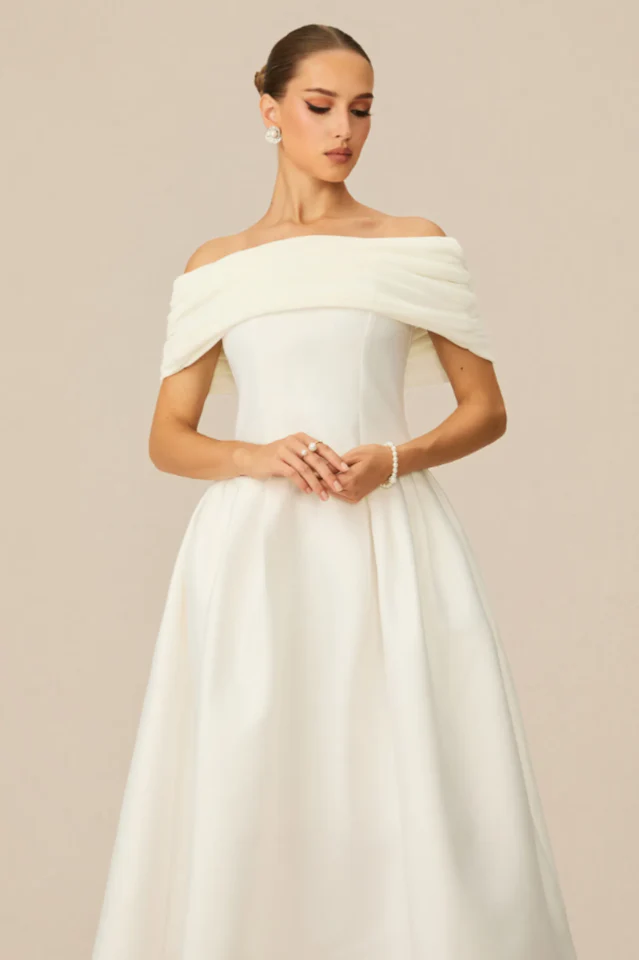 Vivian Off Shoulder Flare Satin Midi Dress