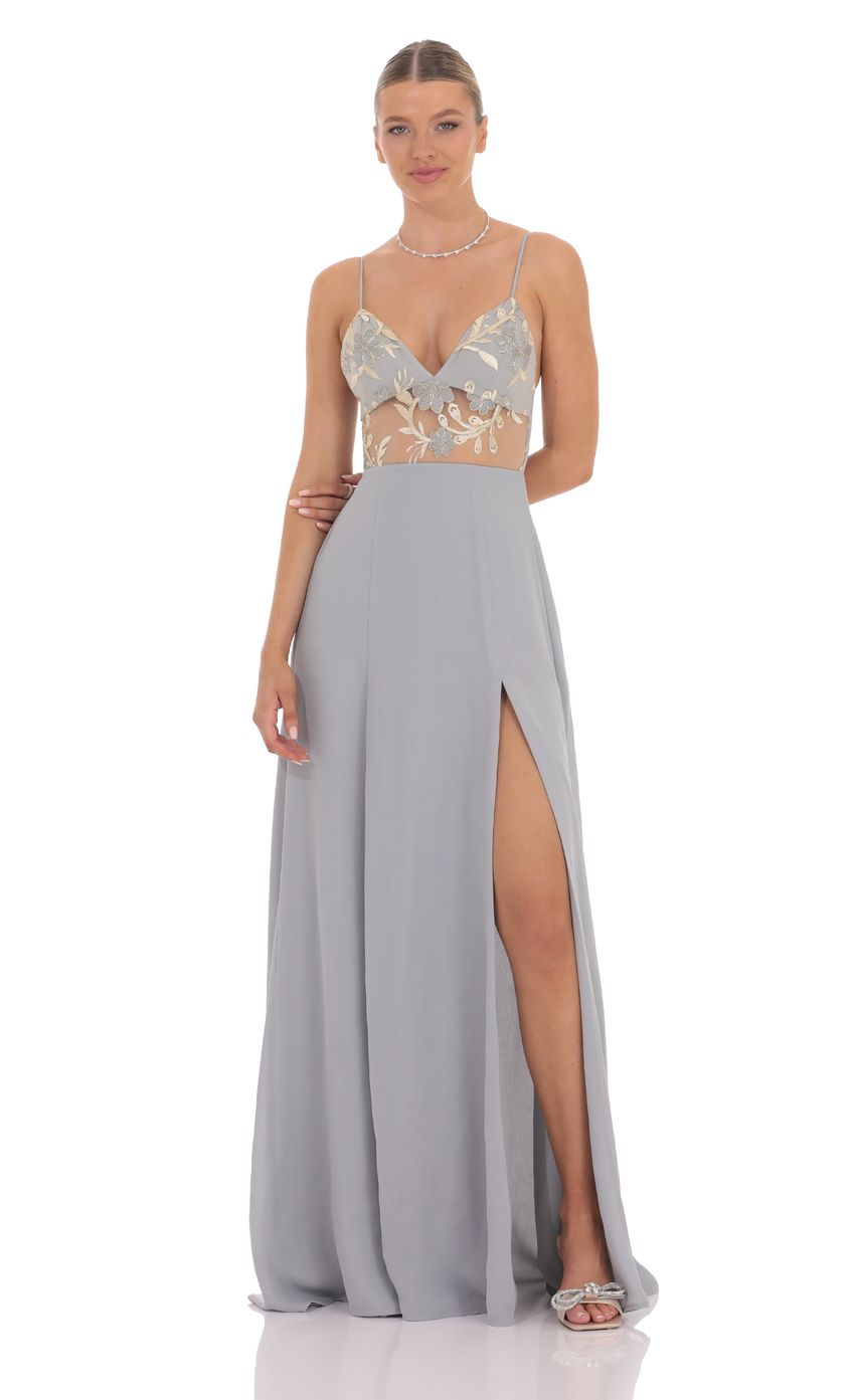 Embroidered Floral Cutout Maxi Dress in Grey