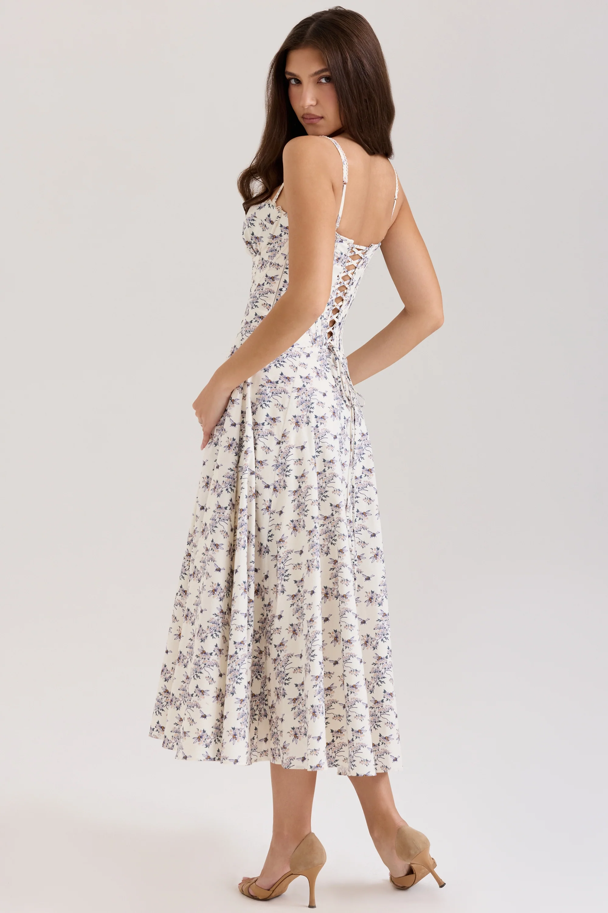Cream Stretch Cotton Floral Print Midi Sundress