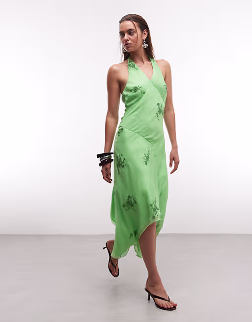 Reclaimed Vintage Limited Edition halter neck midi dress with scarf detail and embroidery in green
