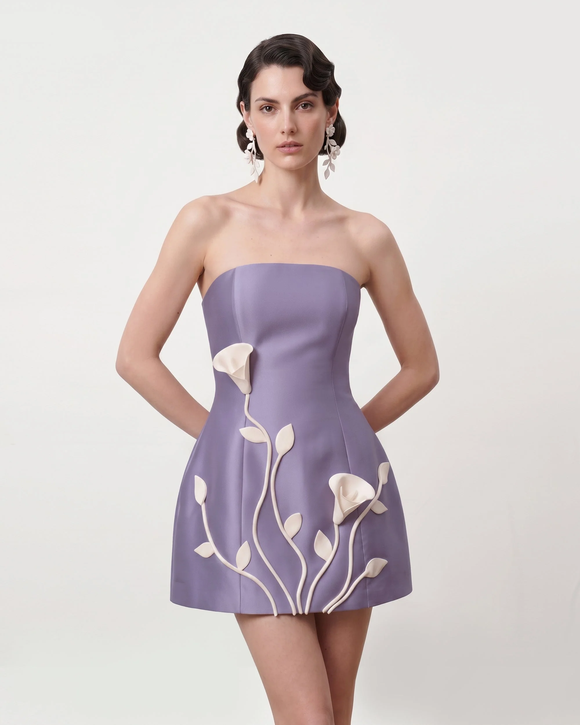 3D Vine Floral Strapless Mini Dress - Purple