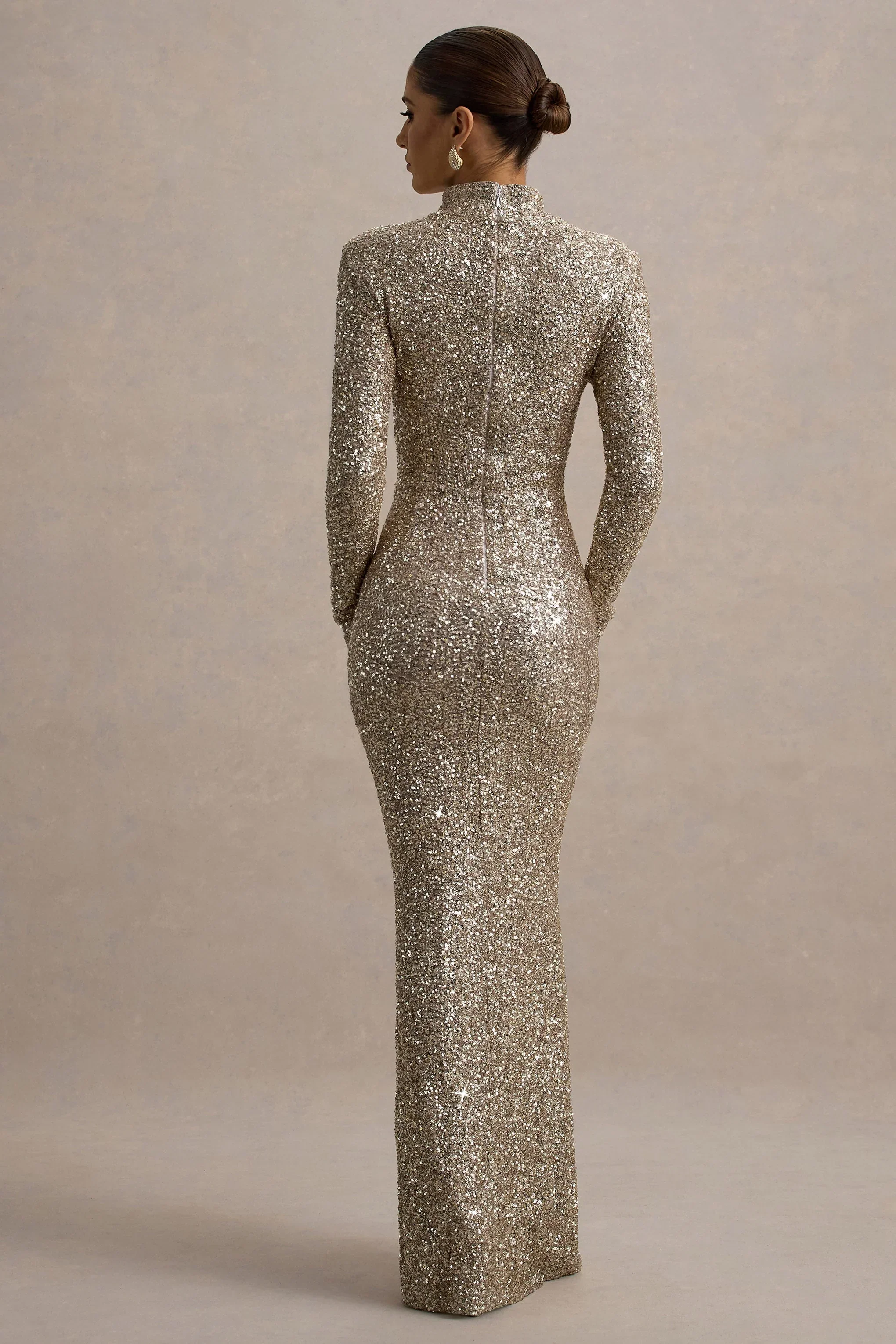 Galaxy | Champagne Sequin Turtle-Neck Long-Sleeve Maxi Dress