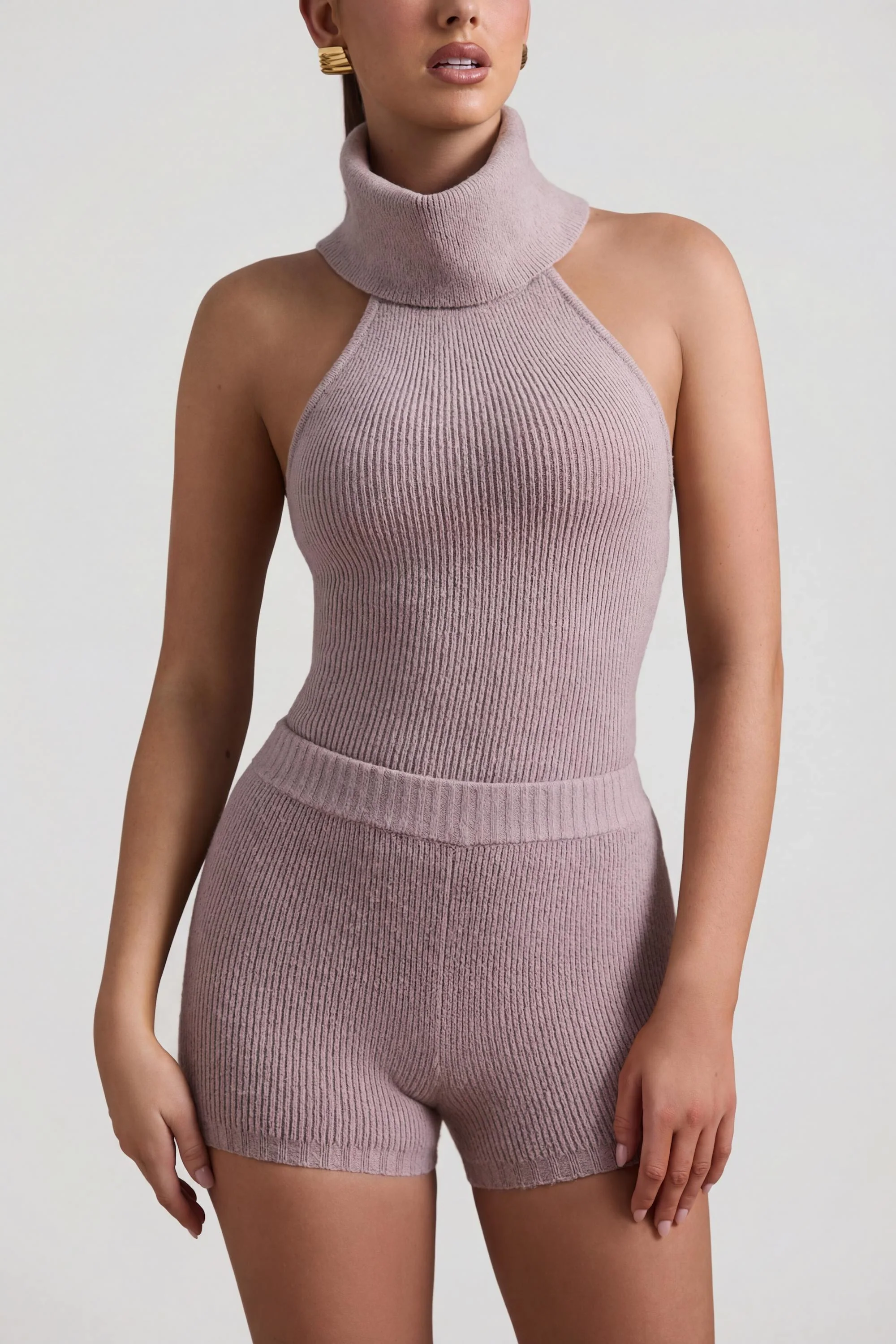 Ribbed-Knit Turtleneck Backless Top in Taupe