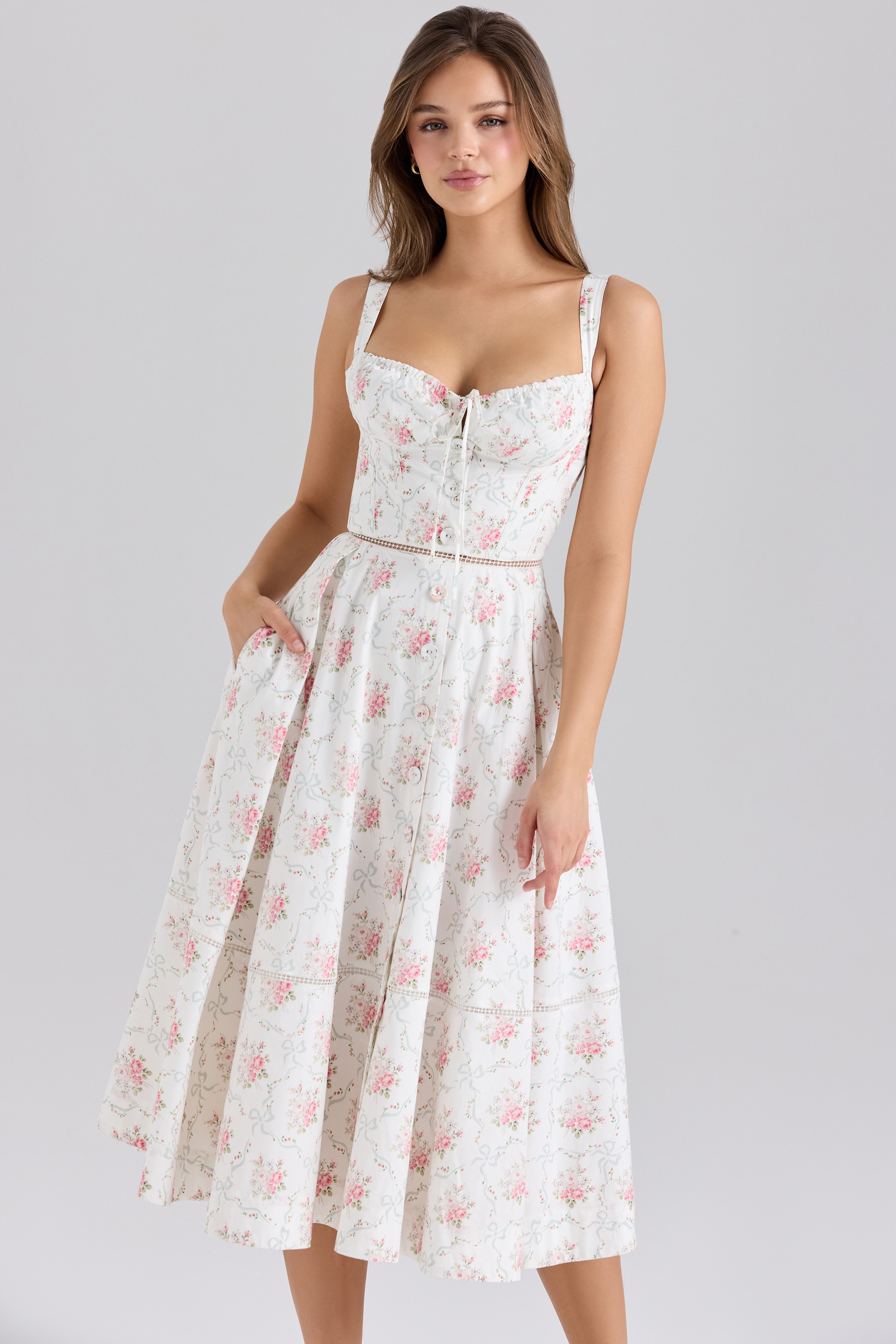 rose print cotton button front midi dress