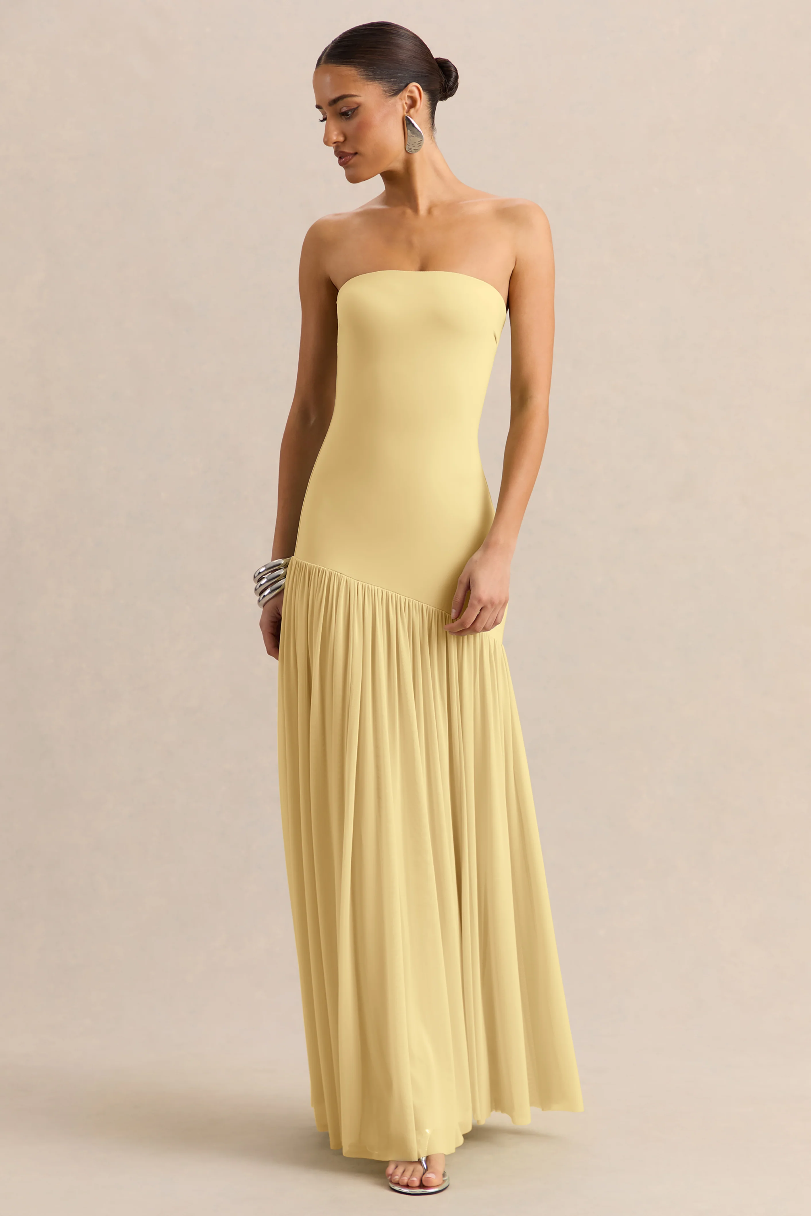 Bambi | Lemon Bandeau-Neck Maxi Dress With Scarf-Detail