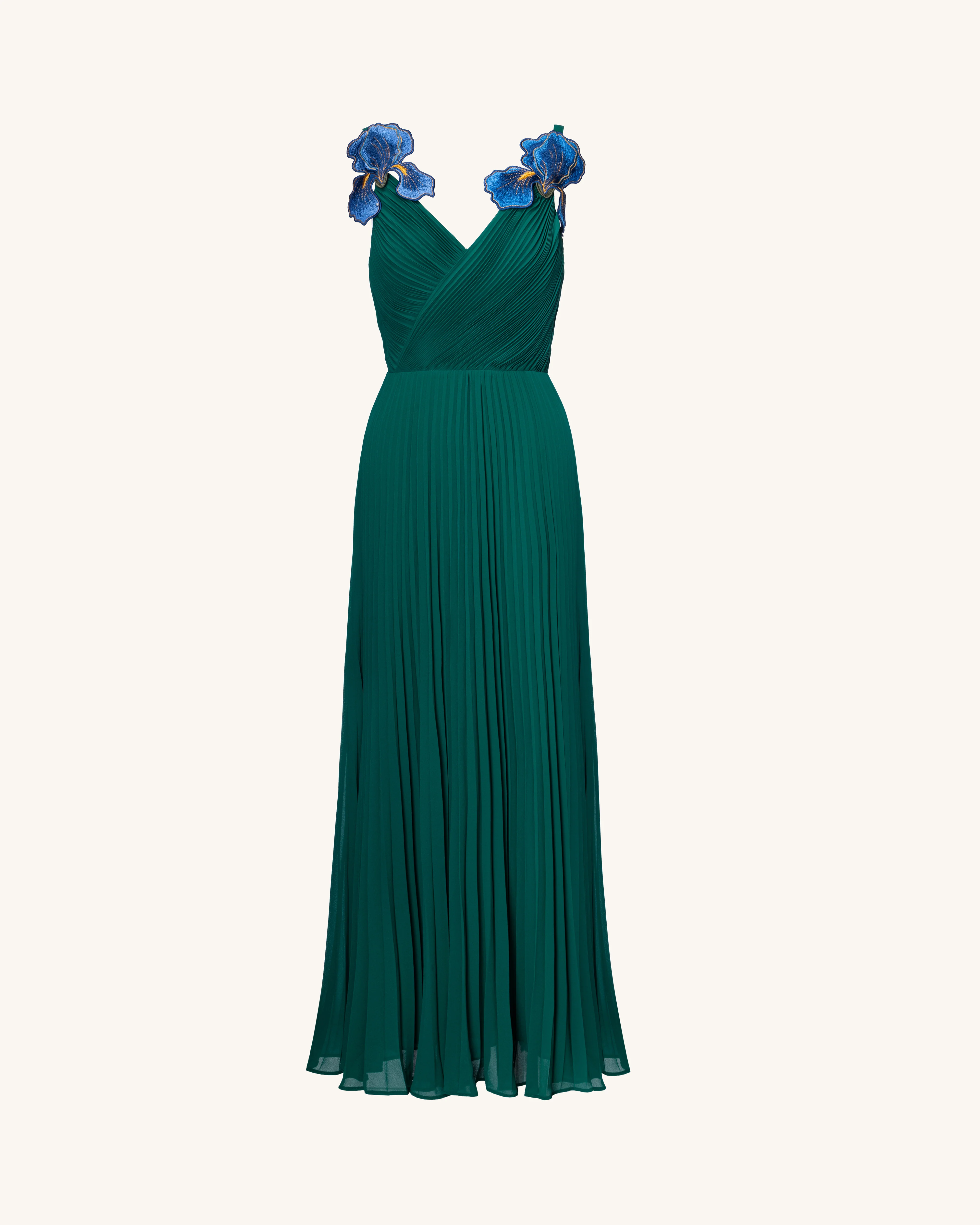 Iris Embroidered Pleated V-Neck Maxi Dress - Emerald Green - FASHION NOB