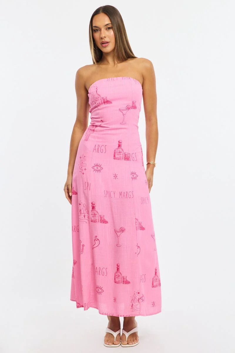 Pink Abstract Strapless Maxi Dress