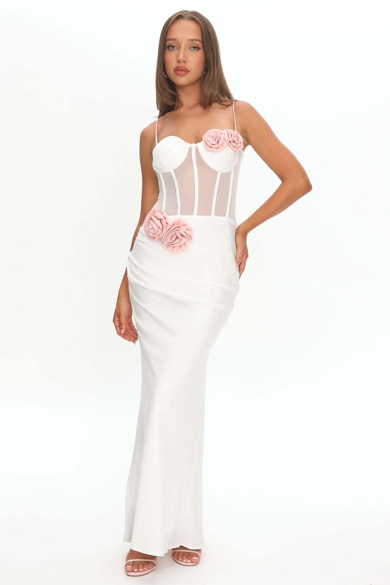 Ismera Sheer Bodice Rosette Maxi Dress White