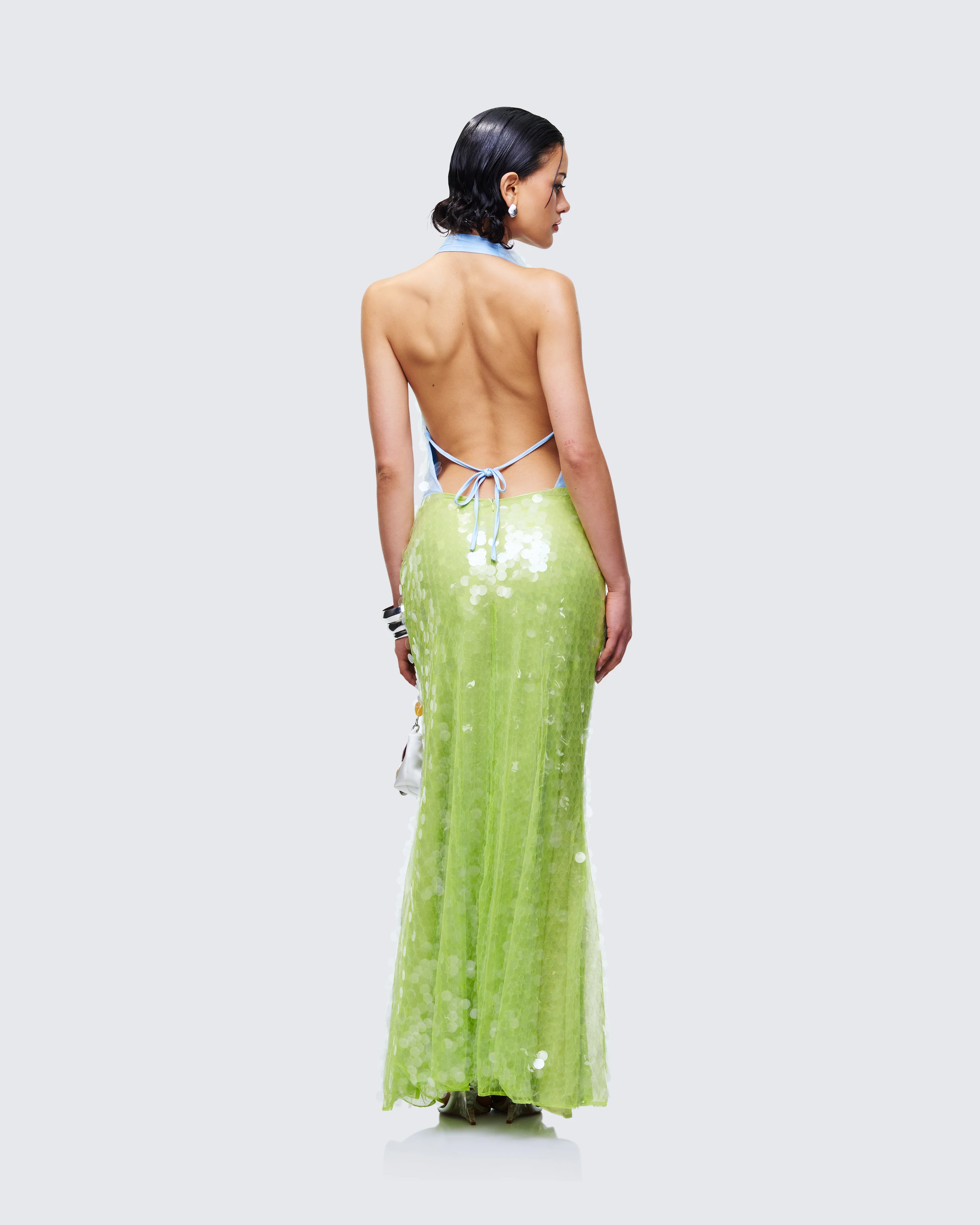 Zelda Blue Sequin Cowl Neck Maxi Dress