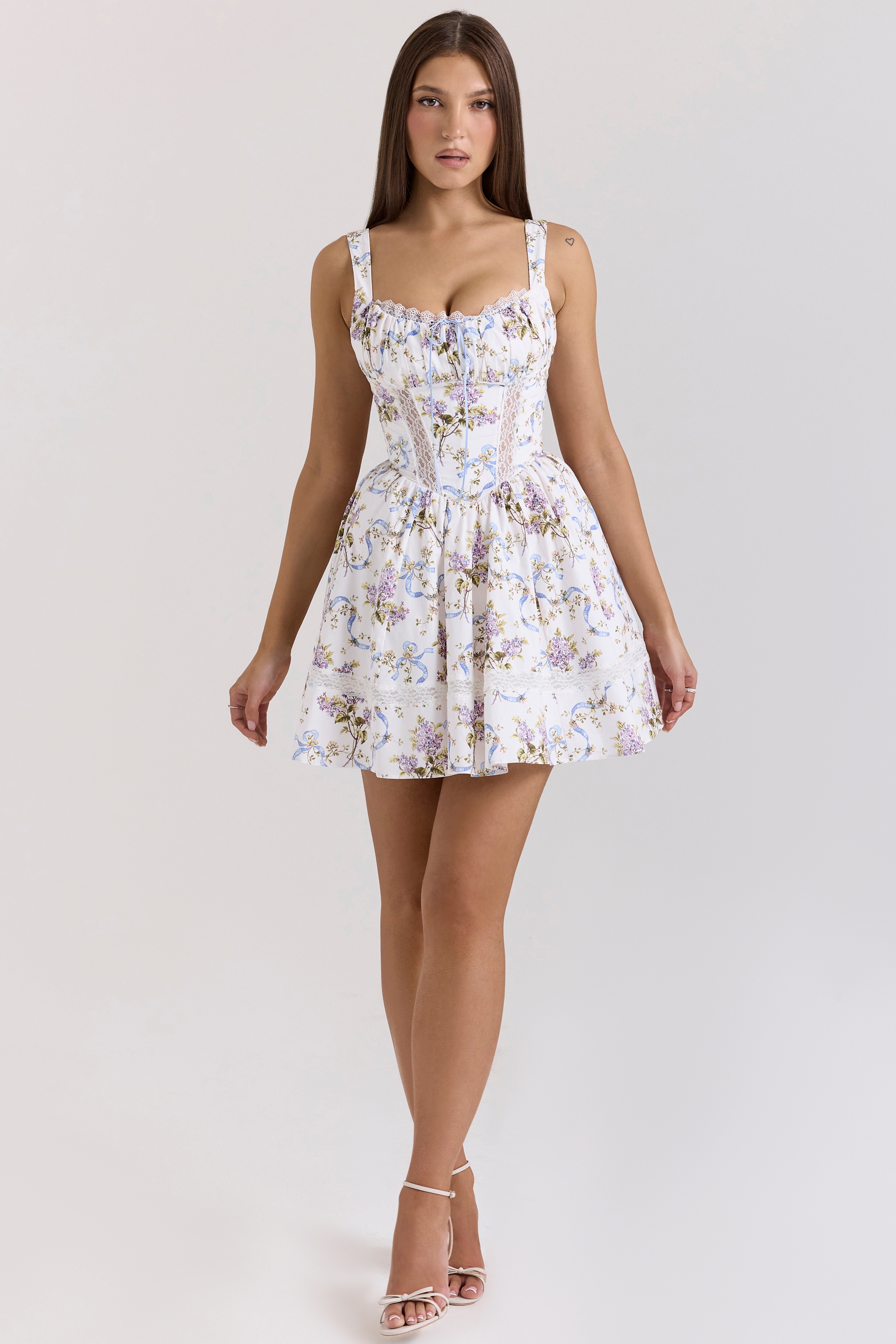 white floral ribbon print cotton mini dress