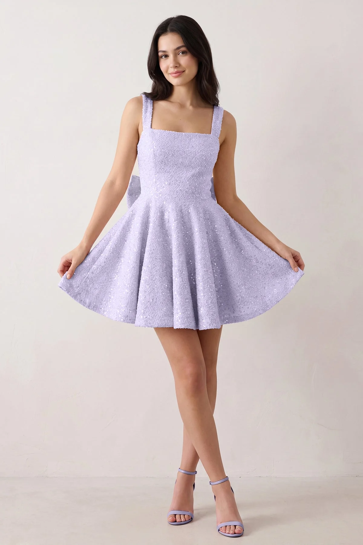 Sparkly Pink Square Neck A-Line Sequin Ruched Homecoming Dress with Bow