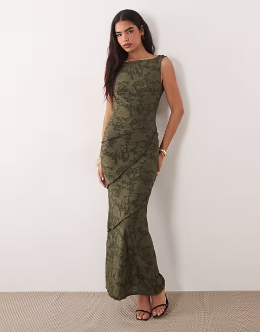 raw seam cowl back devore maxi dress in green