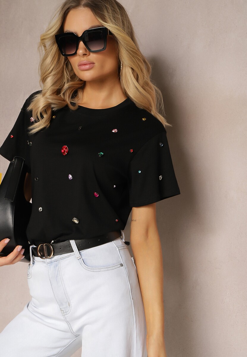 Czarny T-shirt z Cyrkoniami w Różnych Kolorach Varcia