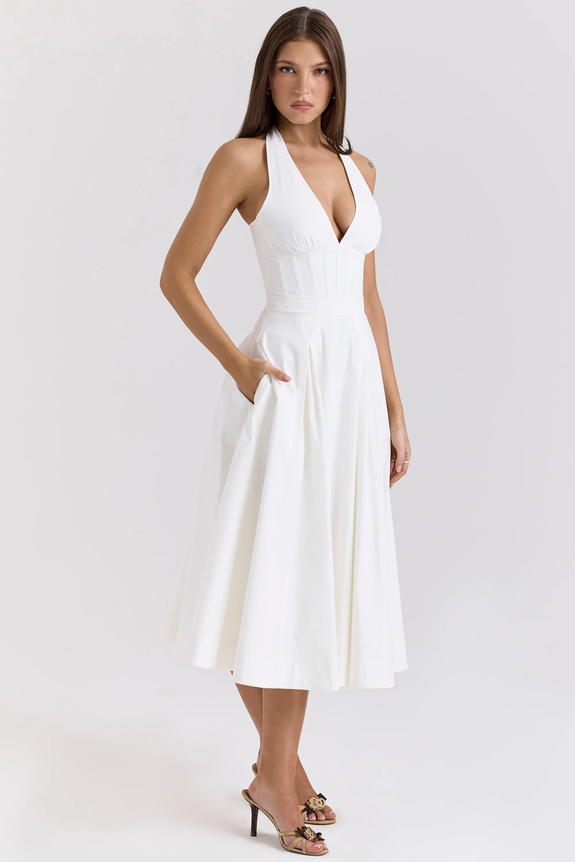 White Stretch Cotton Halter Midi Sundress