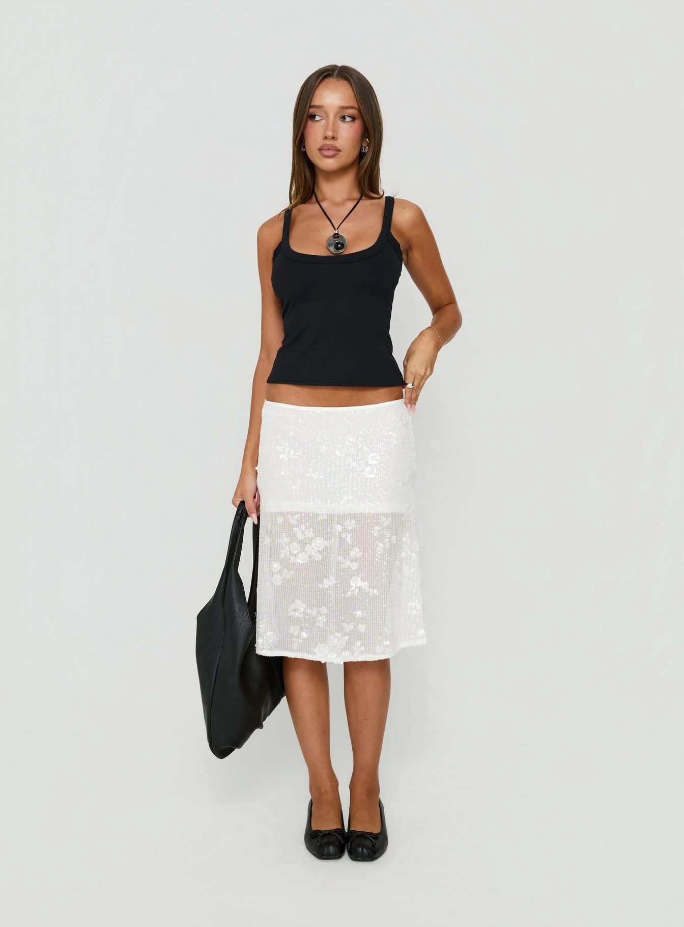 Heart Stealer Sheer Sequin Midi Skirt White