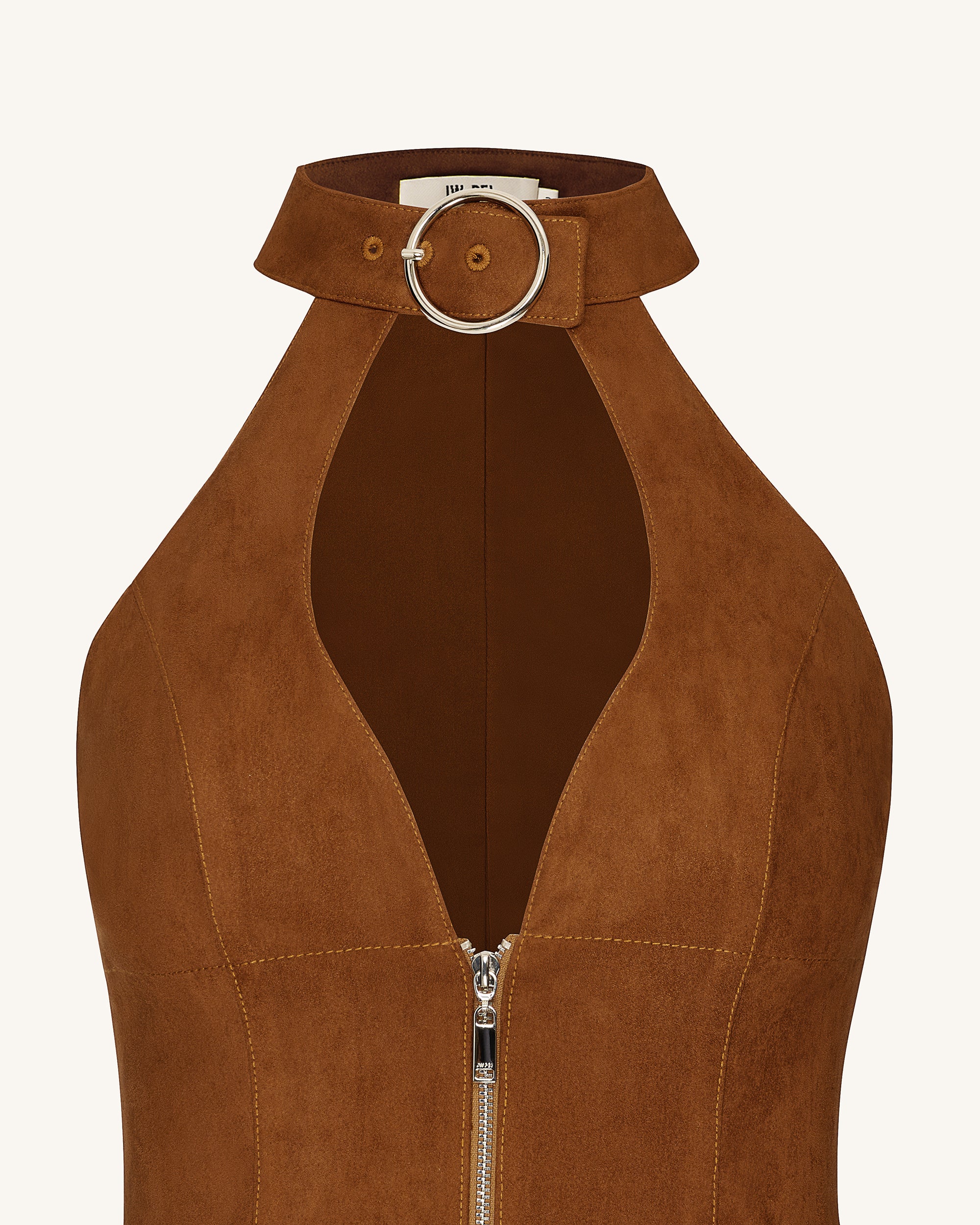 Ruby Halter Neck Zipper Mini Dress - Brown - FASHION NOB