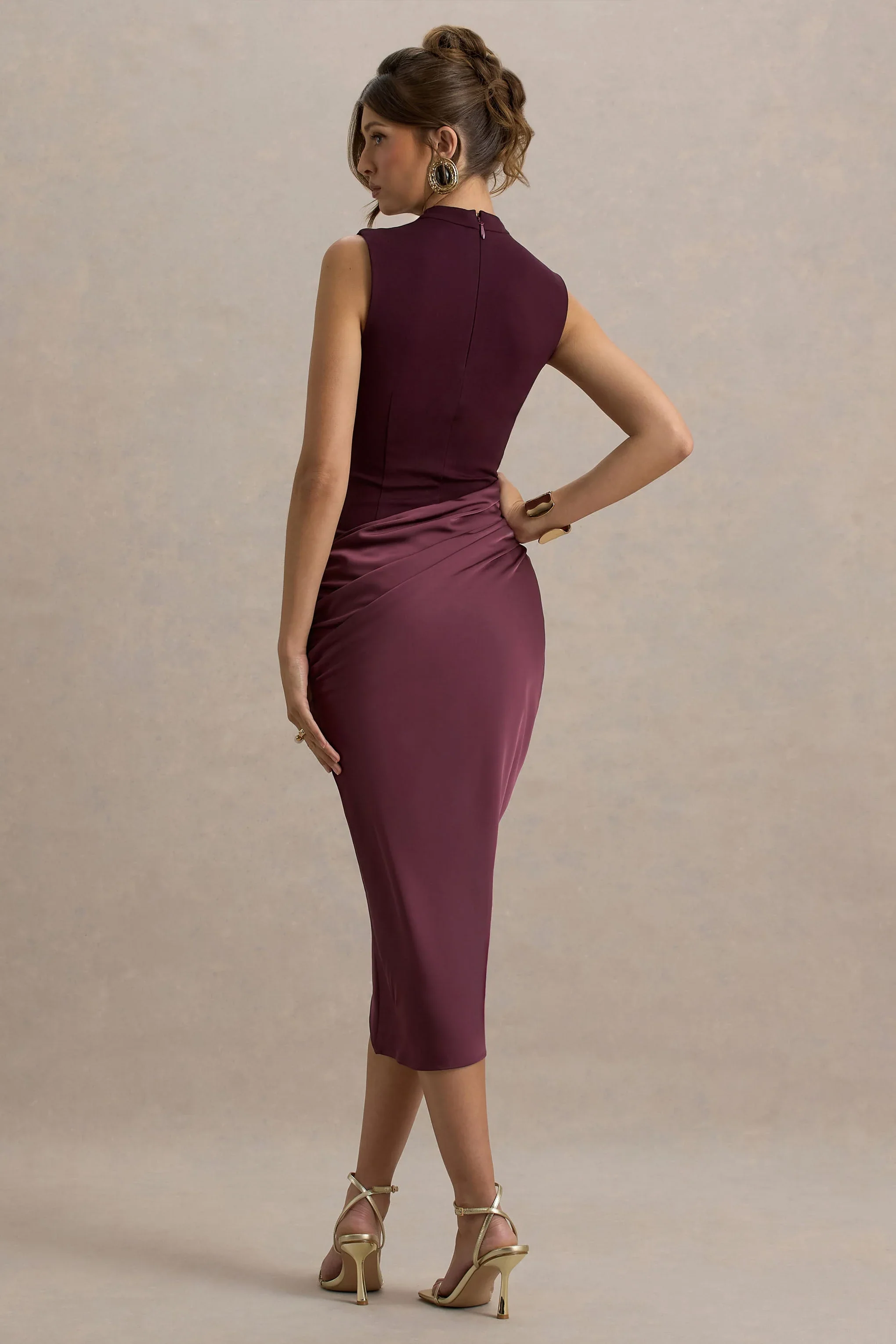 All Yours | Dark Cherry Satin High-Neck Wrap Midi Dress