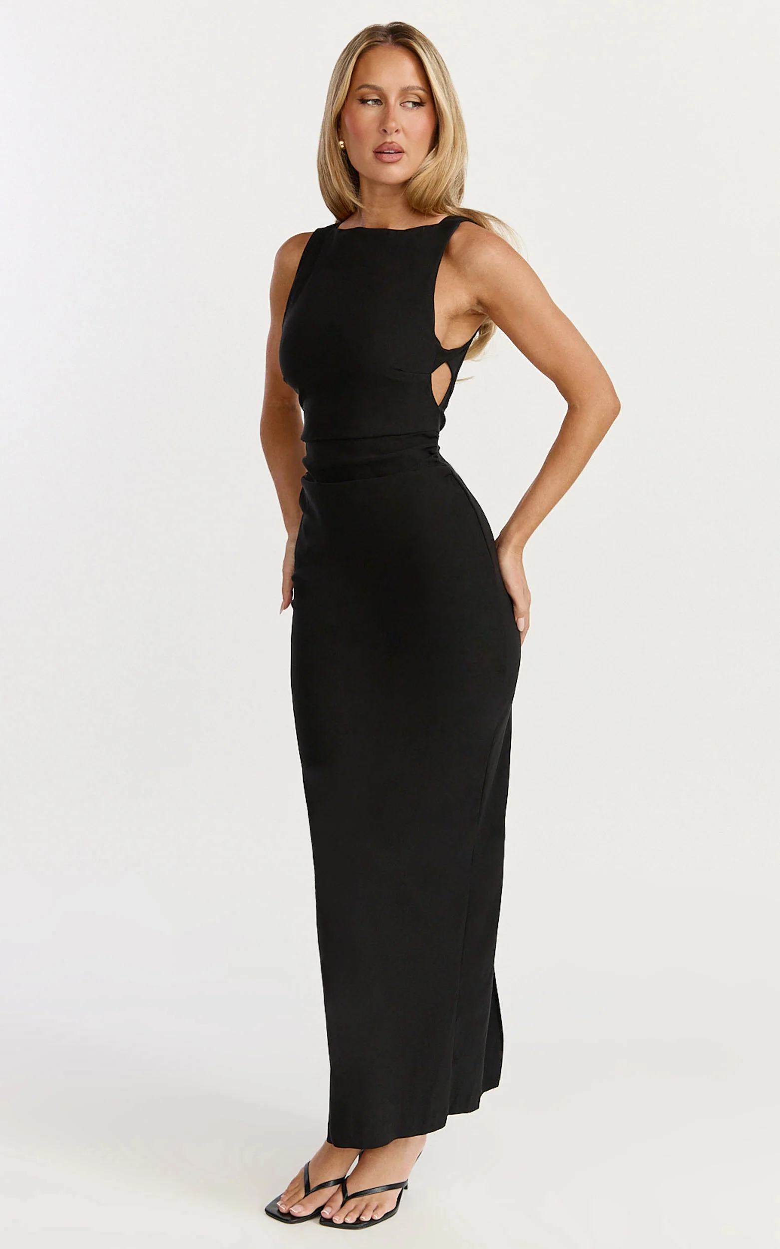 Liora Midi Dress - Boat Neck Side Twist Strap Midi Dress in Black