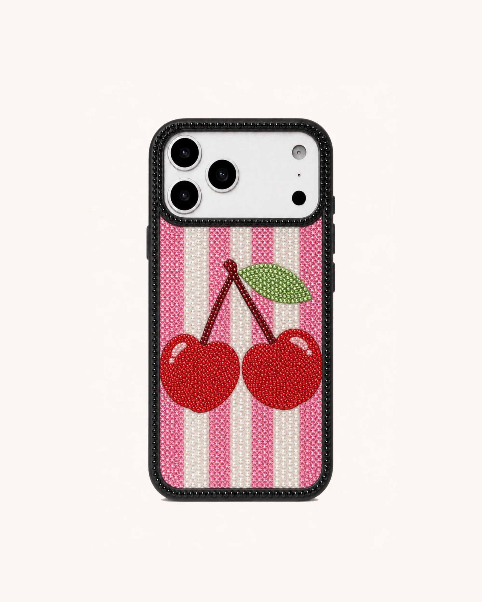 Cherry Stripe Rhinestone Phone Case – Black