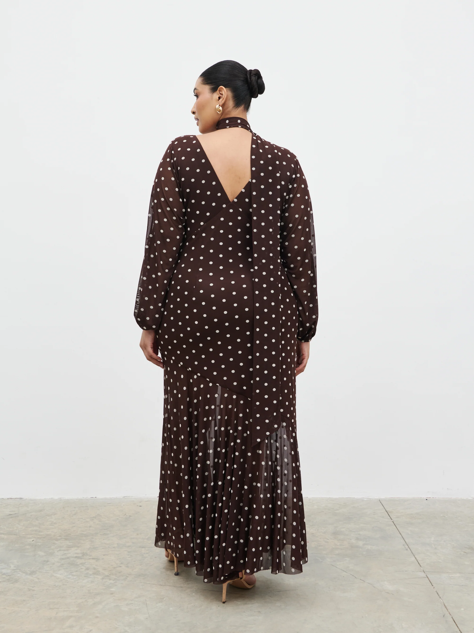 Petula Scarf Mesh Maxi Dress Curve - Brown and Cream Polkadot
